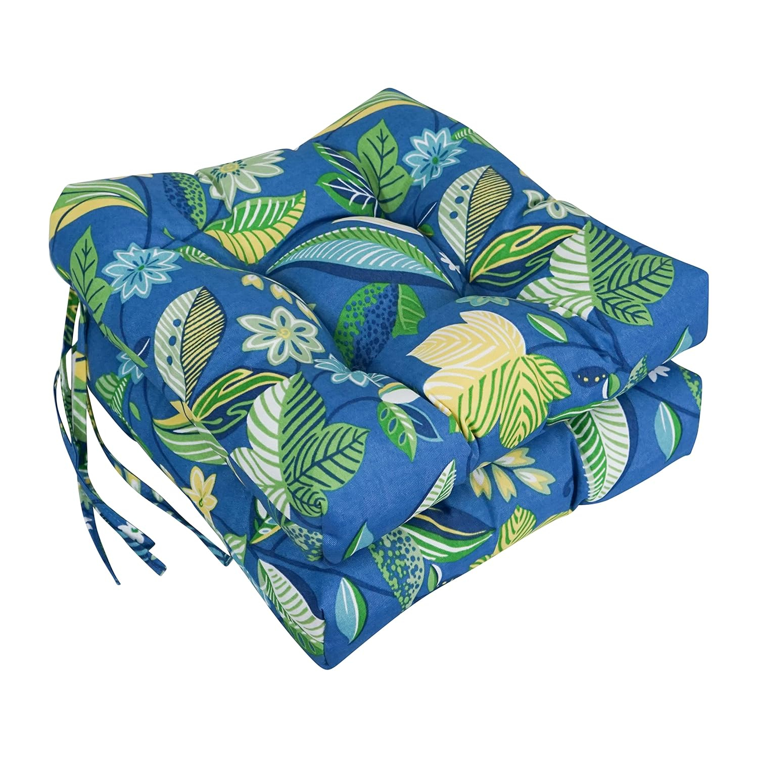 Blazing Needles 916X16SQ-T-2CH-REO-28 16 in. Spun Polyester Patterned Outdoor Square Tufted Chair Cushions, Skyworks Caribbean - Set of 2