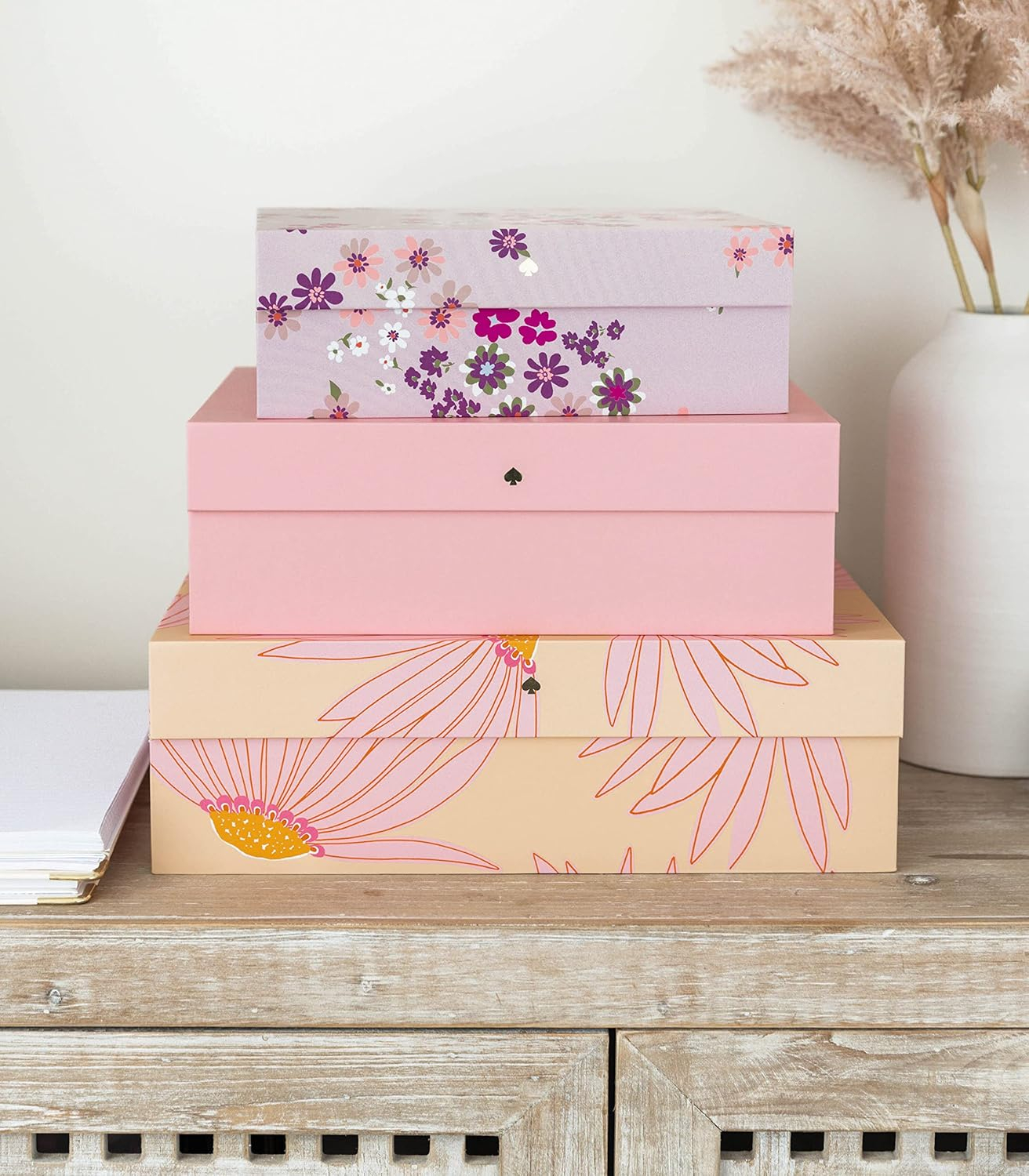 Kate Spade New York Decorative Storage Boxes with Lids, 3 Pack Sturdy Organizer Storage Bins, Includes Small Medium Large Pink Nesting Boxes with Magnetic Closure, Falling Flower