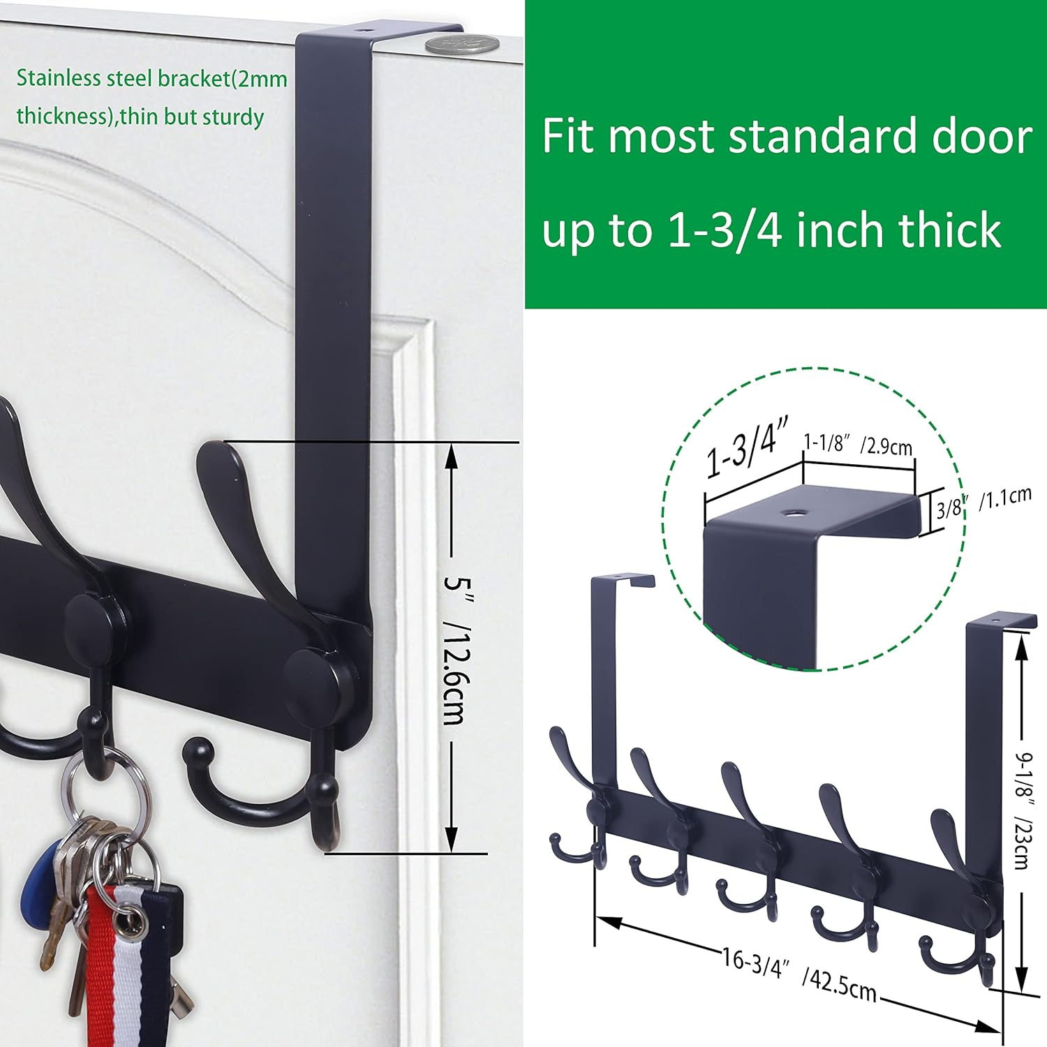 WEBI Over The Door Hook Door Hanger Hook Rack with 5 Tri Hooks for Hanging Coats, Door Towel Rack Door Coat Hanger Over Door Coat Rack for Behind Back of Bathroom,Black,2 Packs