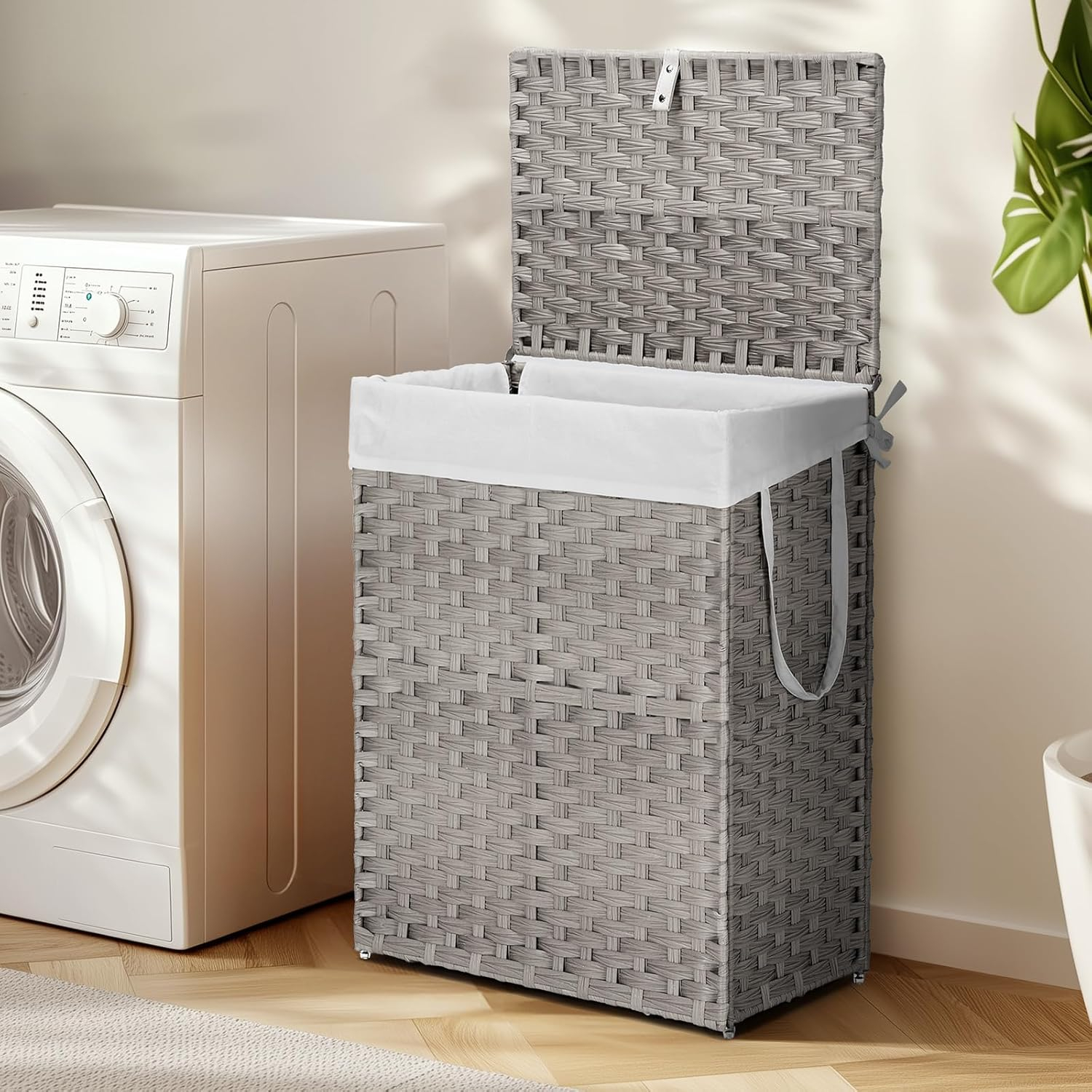 ZUNMOS Laundry Hamper, No Installation Required, with Removable Liner, 90 Liter Hand-Woven Synthetic Rattan Laundry Hamper with Lid and Handle, Collapsible, Gray