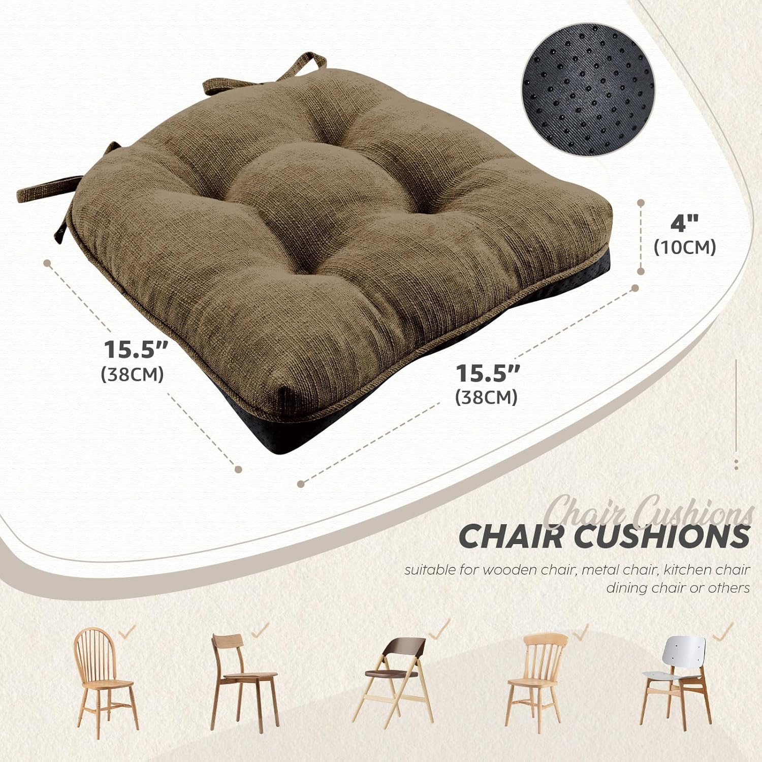 Chair Cushions for Dining Chairs Set of 4, Non Slip Tufted Kitchen Chair Cushions with Ties, Shredded Memory Foam Kitchen Chair Pads, 15.5" x 15.5" x 4", Brown