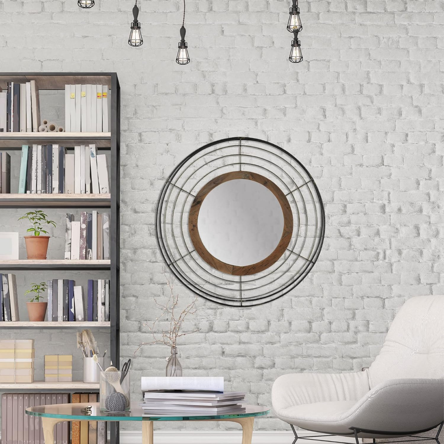 Creative Co-Op Modern Round Wall Mirror with Wood and Wire Frame, Black and Natural