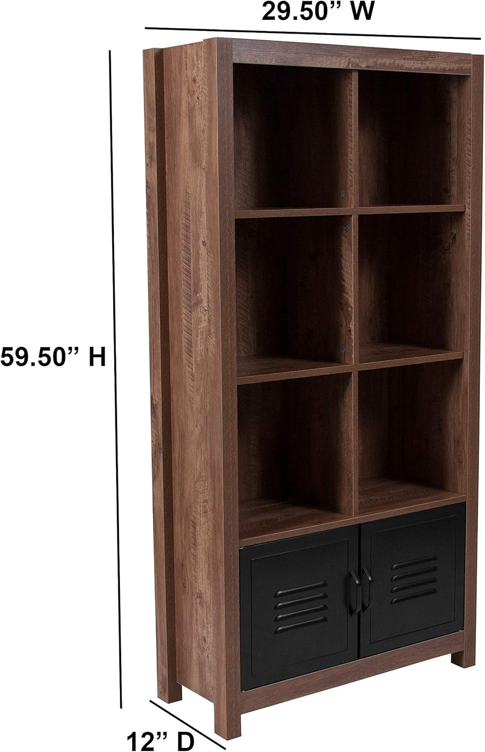 Black Metal and Oak 6-Cubby Storage Bookcase with Doors
