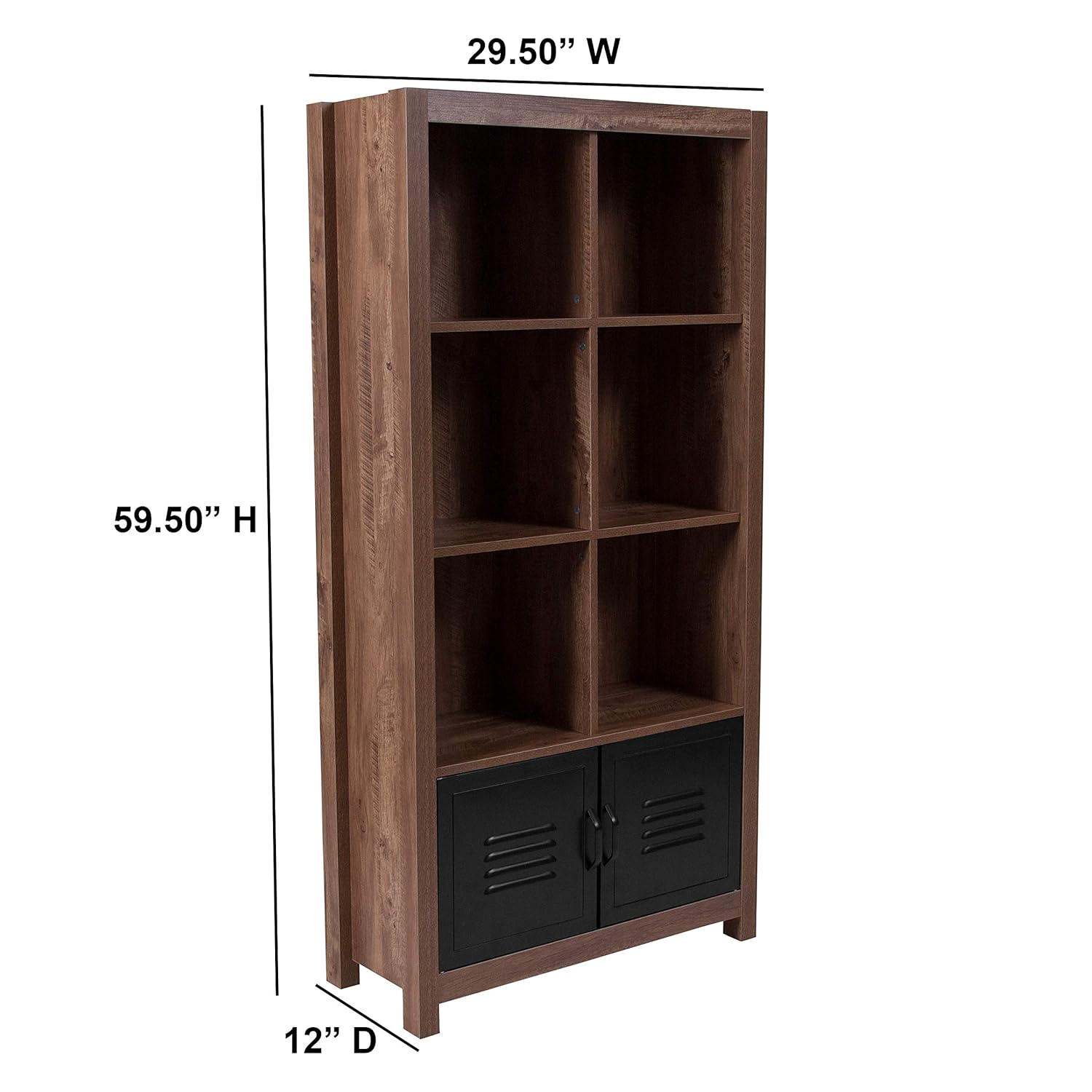 Black Metal and Oak 6-Cubby Storage Bookcase with Doors
