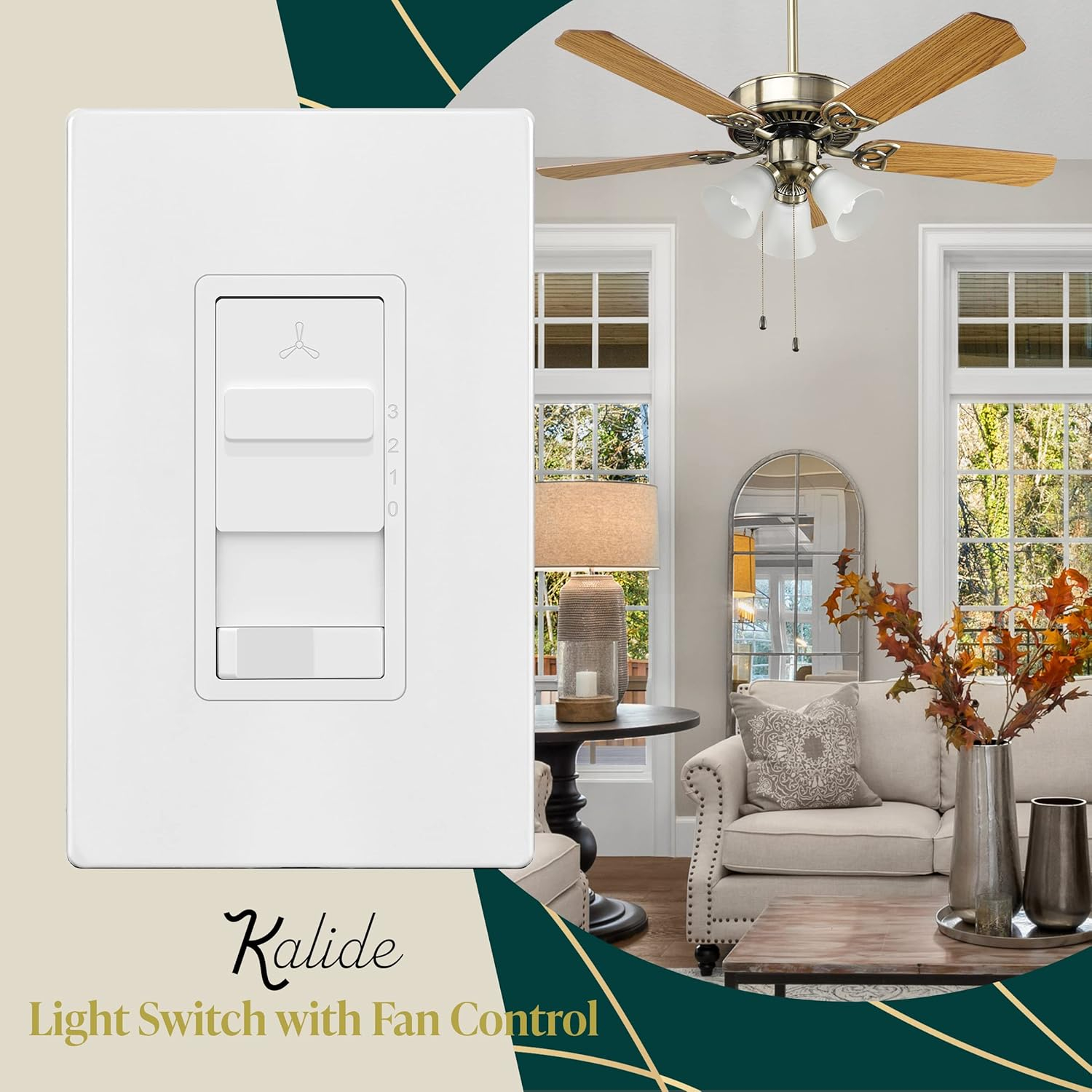 TOPGREENER Kalide 3-Speed Ceiling Fan Control Combo, in Wall Light and Fan Combination Switch, Single Pole, 2.5A, 720W, Neutral Wire Not Required, TGSFS3-W, White