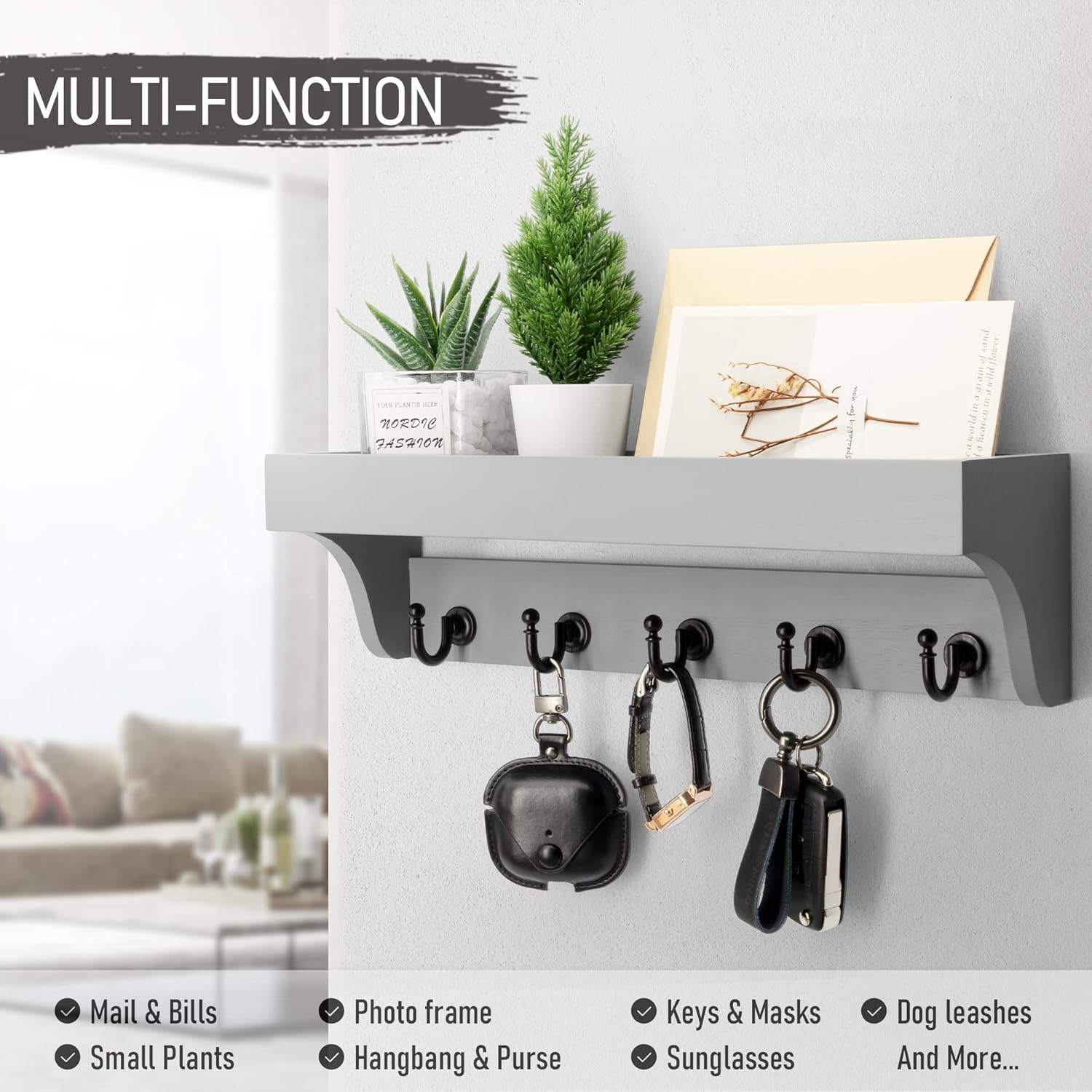 Gray Painted Wood Wall Mounted Key Holder with Shelf