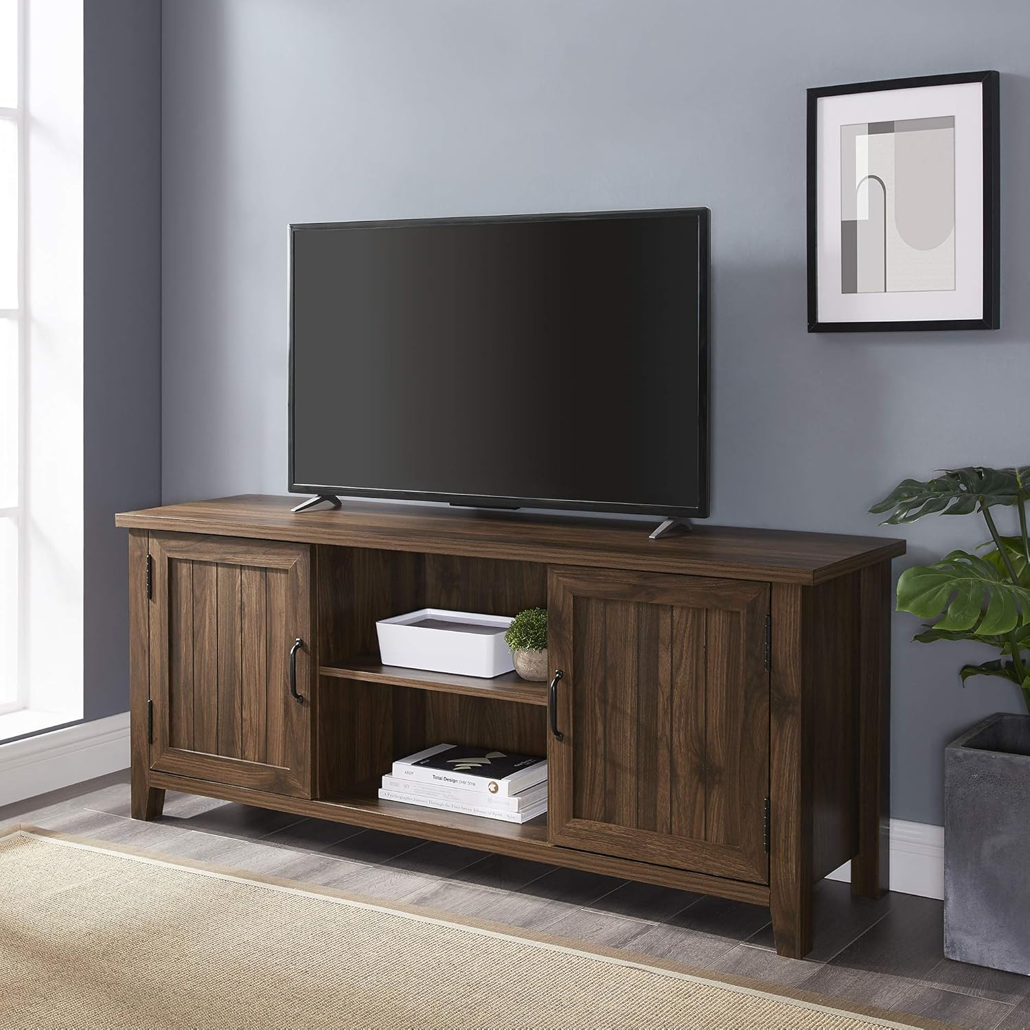 Dark Walnut 58" TV Stand with Cabinet and Storage