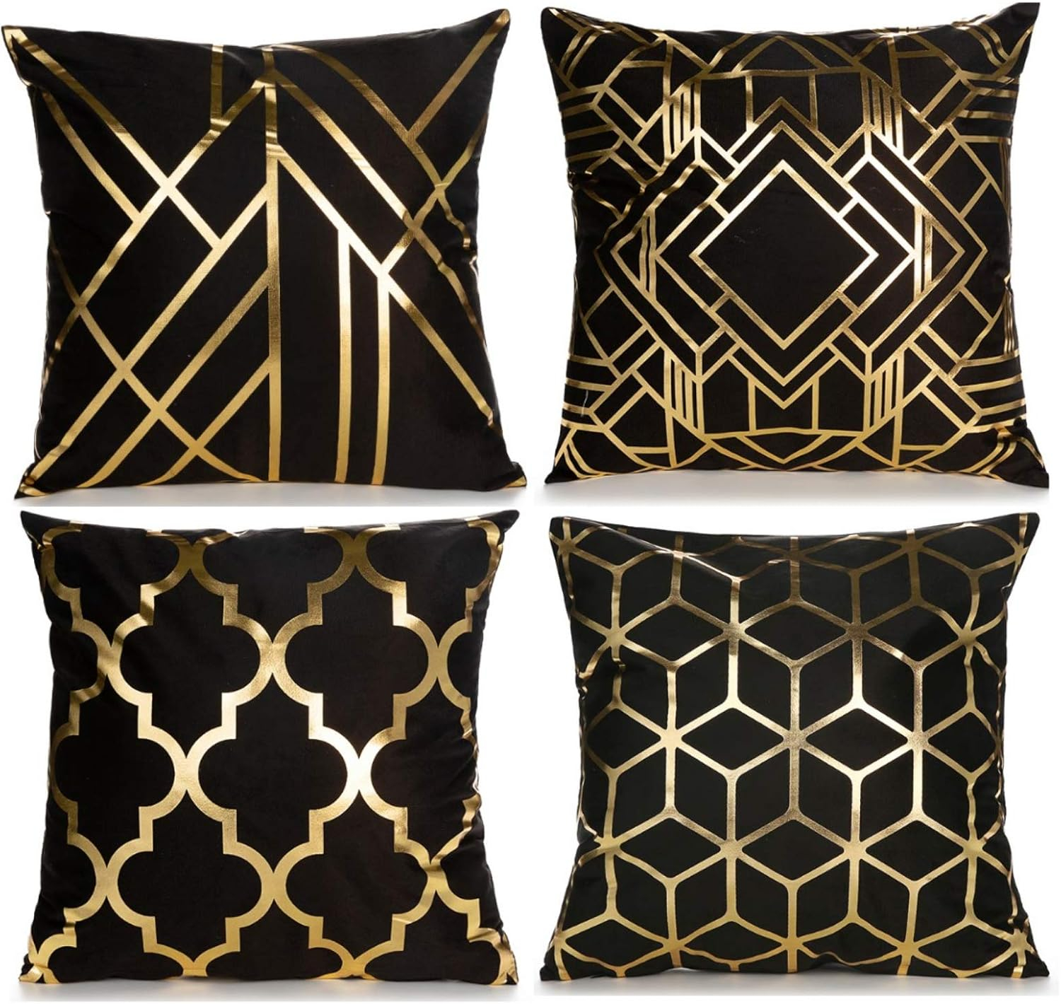 Efavormart Set Of 4 | 18" Black/Gold Foil Geometric Print Throw Pillow Covers, Velvet Square Sofa Cushion Covers