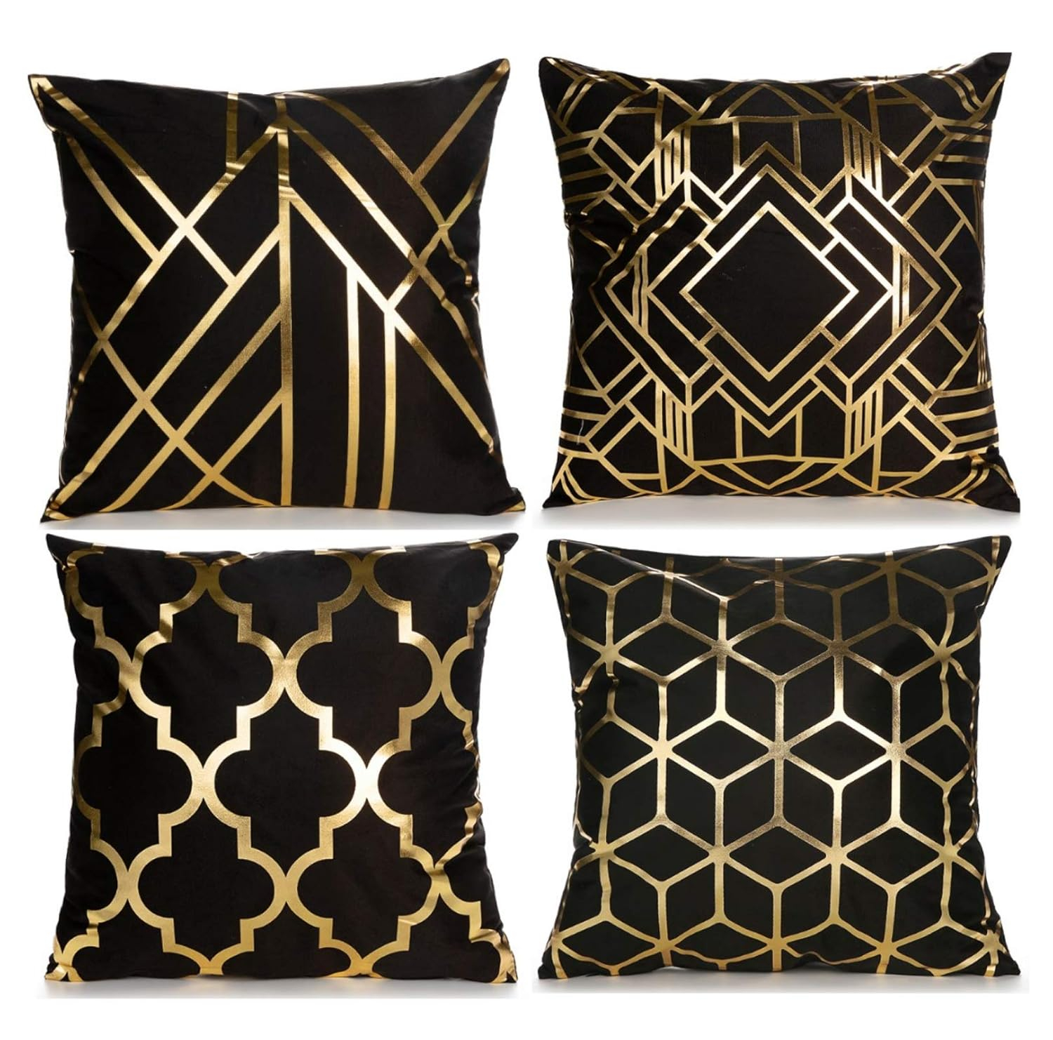 Efavormart Set Of 4 | 18" Black/Gold Foil Geometric Print Throw Pillow Covers, Velvet Square Sofa Cushion Covers