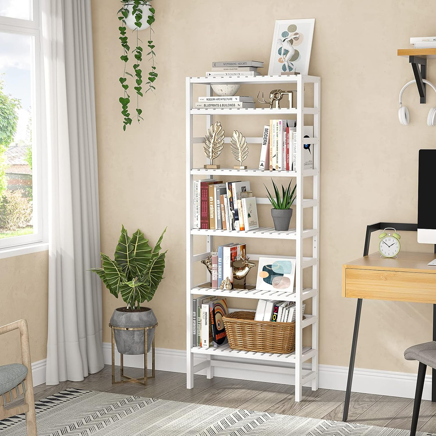 Bookshelf,6 Tier Bamboo Adjustable Bookshelves,Tall Bookcase Shelf Storage Organizer,Free Standing Storage Shelving Unit for Living Room,Bedroom,Bathrrom and Home Office,White