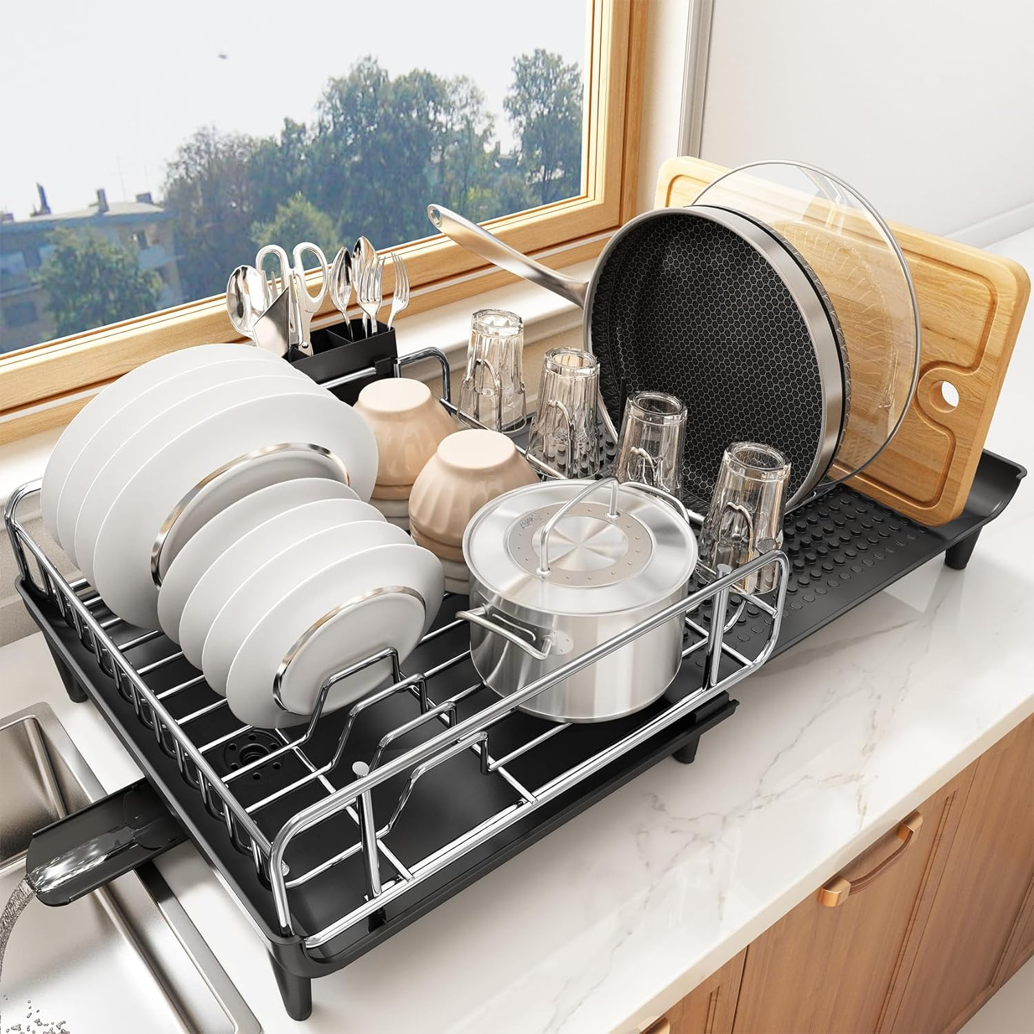 Large Dish Drying Rack for Kitchen Counter with Auto Draining Drain Broad and Removable Cutlery Holder