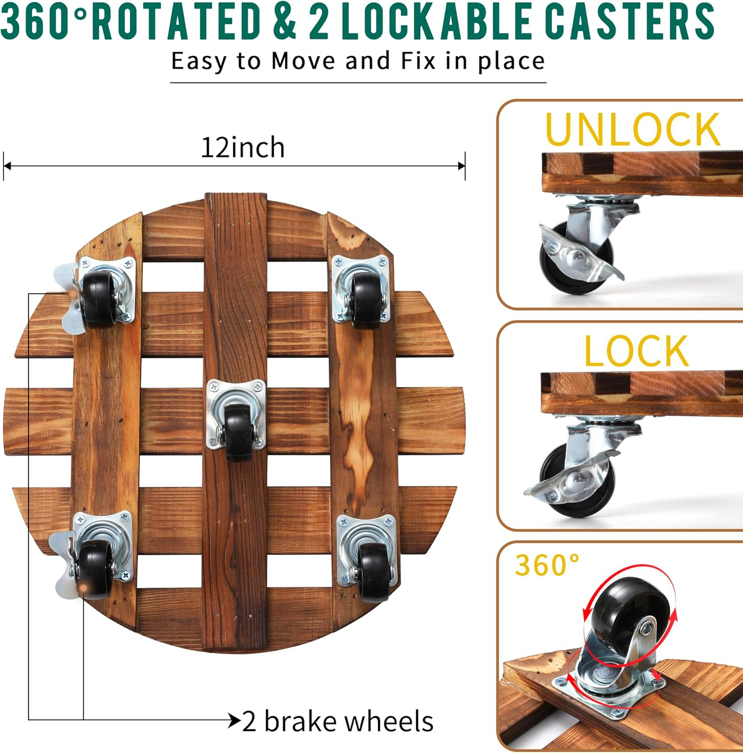 ZXZYHFTY Round Original Wooden Plant Stand with Wheels, 2 Packs Rolling Plant Stand with 360°Lockable Wheels for Vertical Garden Towers, Vertical Planting Tanks, Plant Pots, Wastebaskets (12")