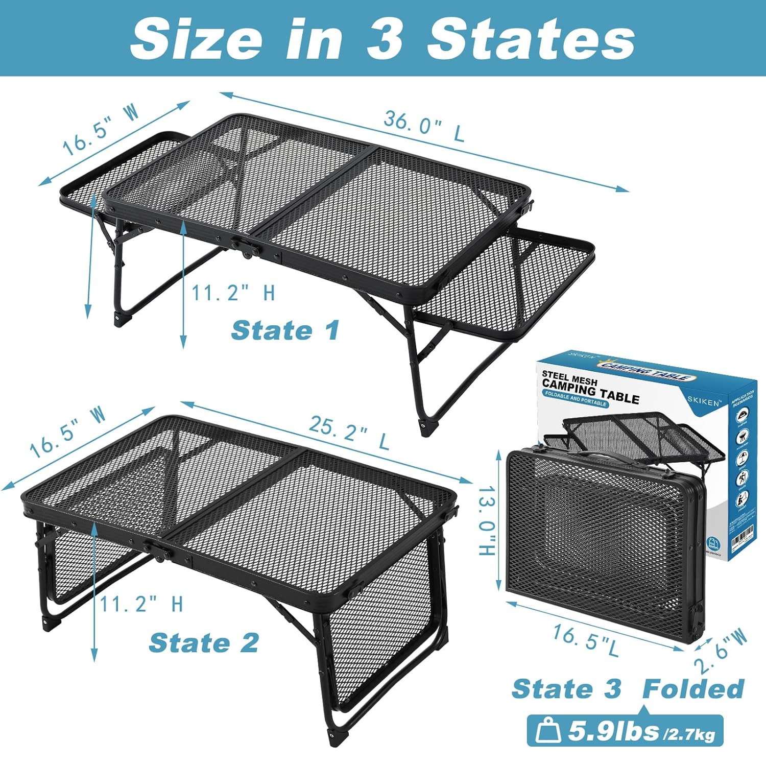 Small Low Camping Table with 2 Wing Panels, Folding Low Picnic & Outdoor Table with 2 Shelves, Lightweight & Easy Carry for Beach, Fishing, Sturdy Steel Mesh Top (3 FT, Black)