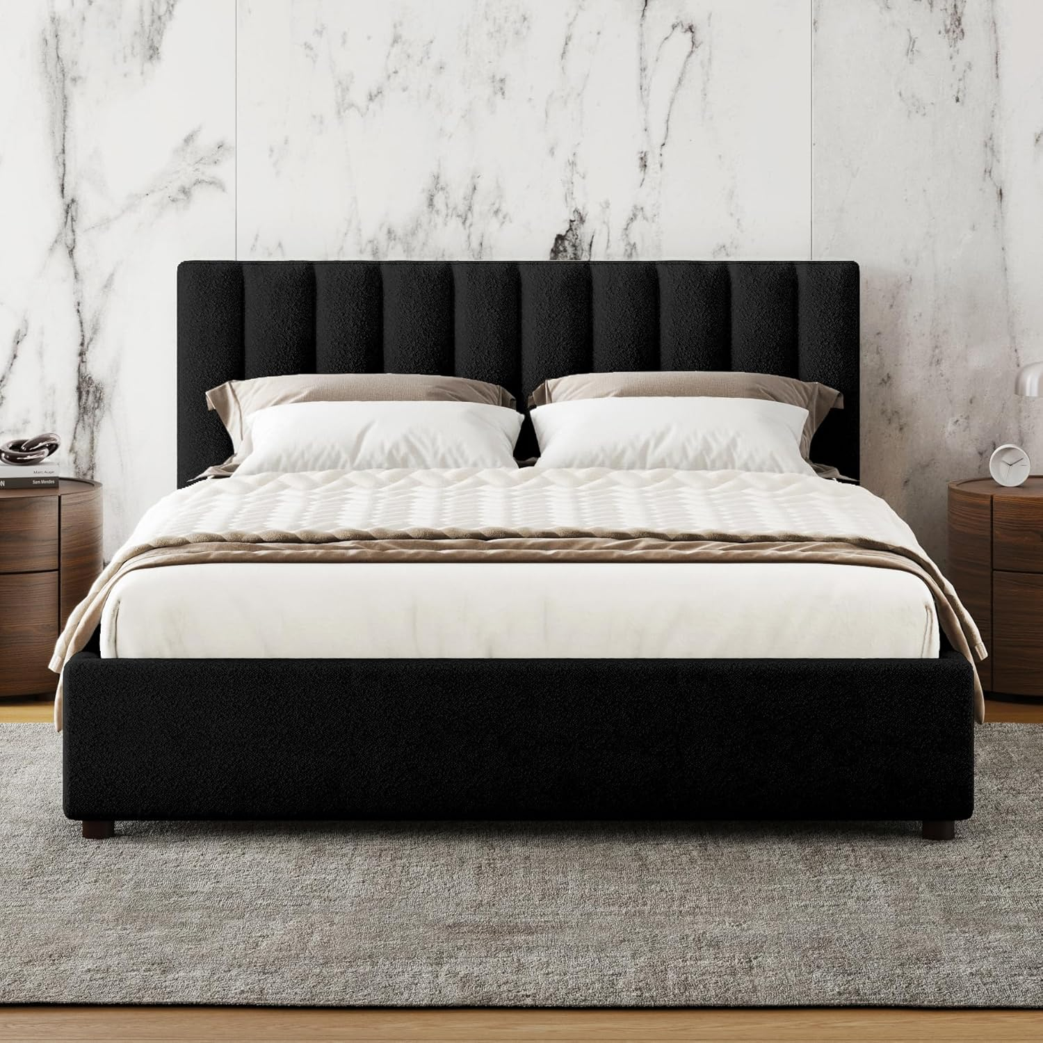Omax Decor Jaxon Upholstered Platform Queen Bed in White Boucle Fabric