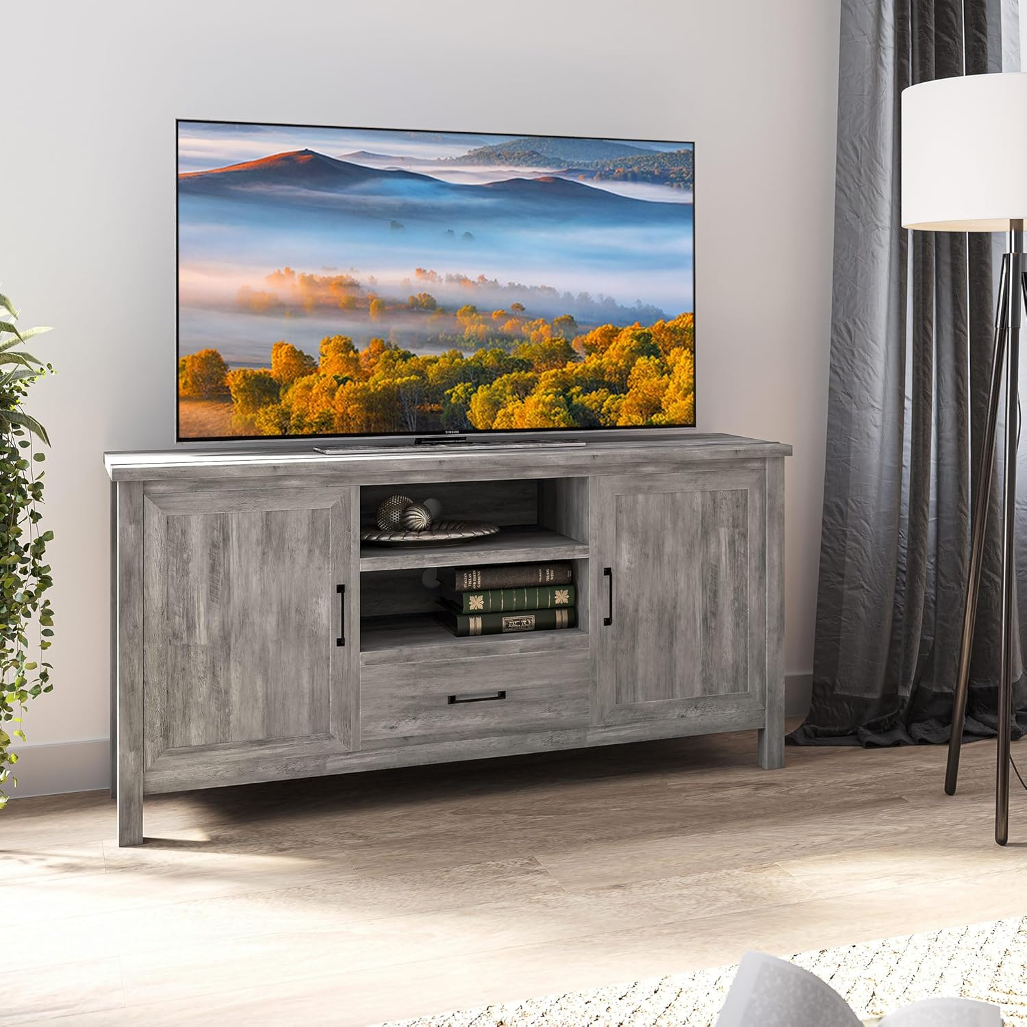 BELLEZE Modern 60 Inch Farmhouse TV Stand or Entertainment Center for TVs Up to 65 Inches, Sideboard Kitchen Buffet Storage Cabinet with Shelves and Storage - Virat (Gray Wash)