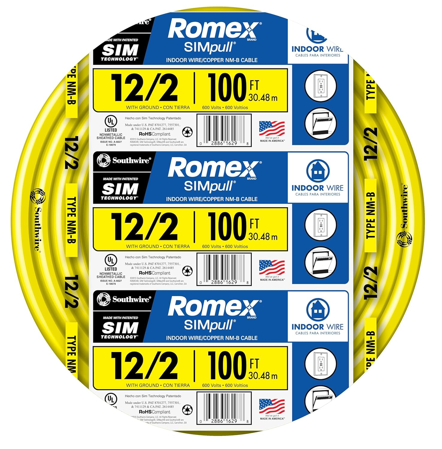 Southwire 28828228 Non-Metallic Building Wire, 12/2-Nmwg, 100', Yellow