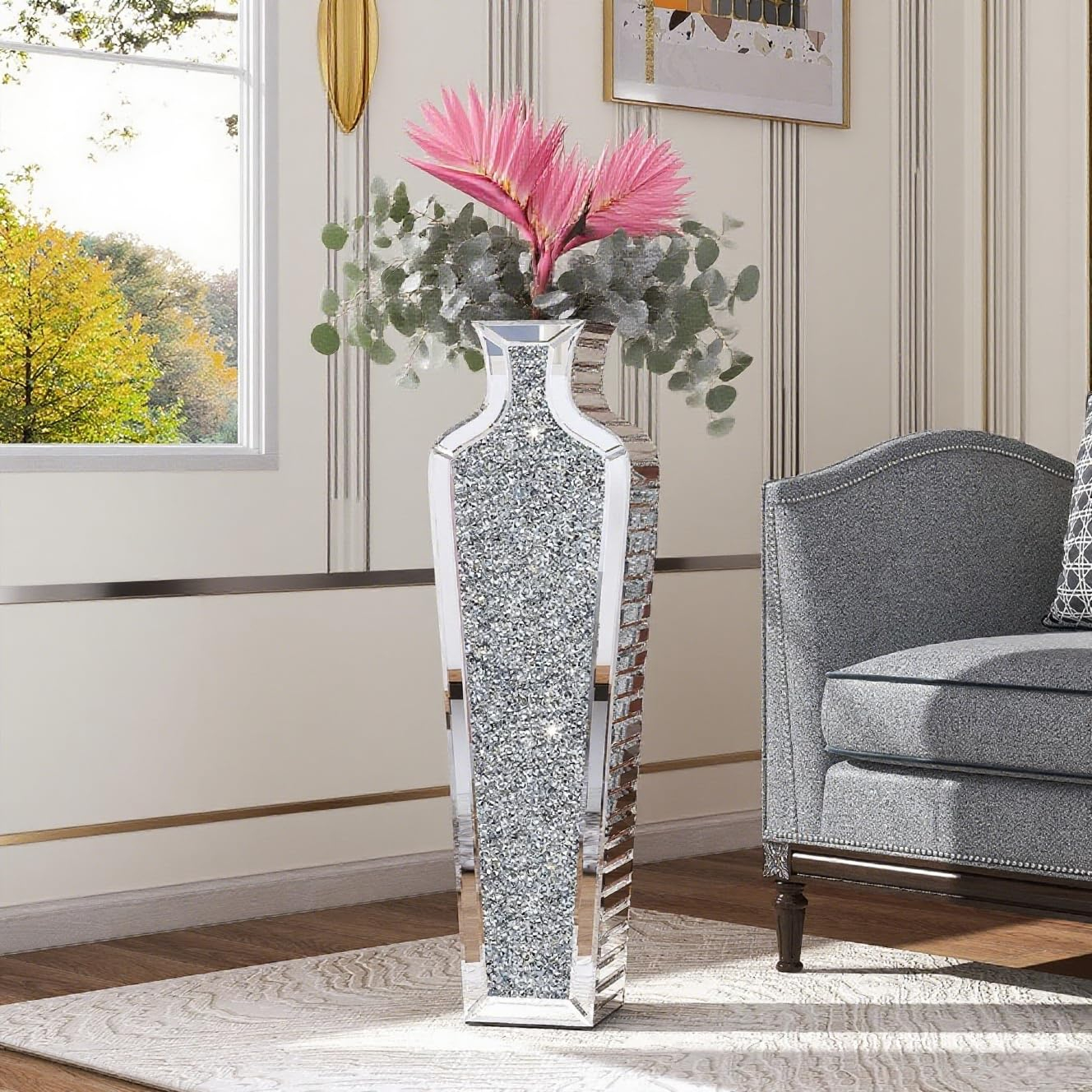 SHYFOY Tall Crushed Diamond Floor Vase Large Silver Mirror Vases for Decor Living Room Floor, Luxury Container for Dried Flower Arrangements Decor, 26.8 inches