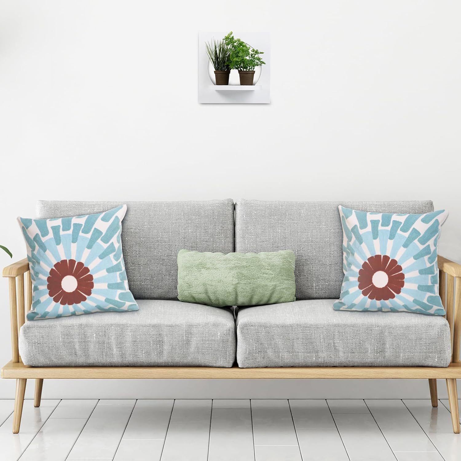 2 PCS Embroidered Throw Pillow Cover Cotton Decorative Square Cushion Cases for Home Sofa Bed and Chair 18 x 18 Inch (Blue Flower-2)