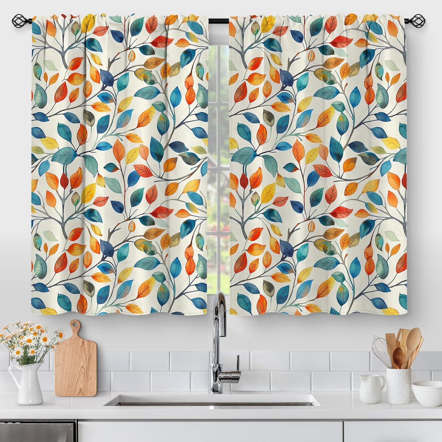 Aimego Colorful Leaves Kitchen Curtains - Floral Spring Botanical Tier Cafe Curtains Farmhouse Country Small Window for Bathroom Living RV Rod Pocket Window Drapes 36 Inch 2 Panels Set 28 "x36