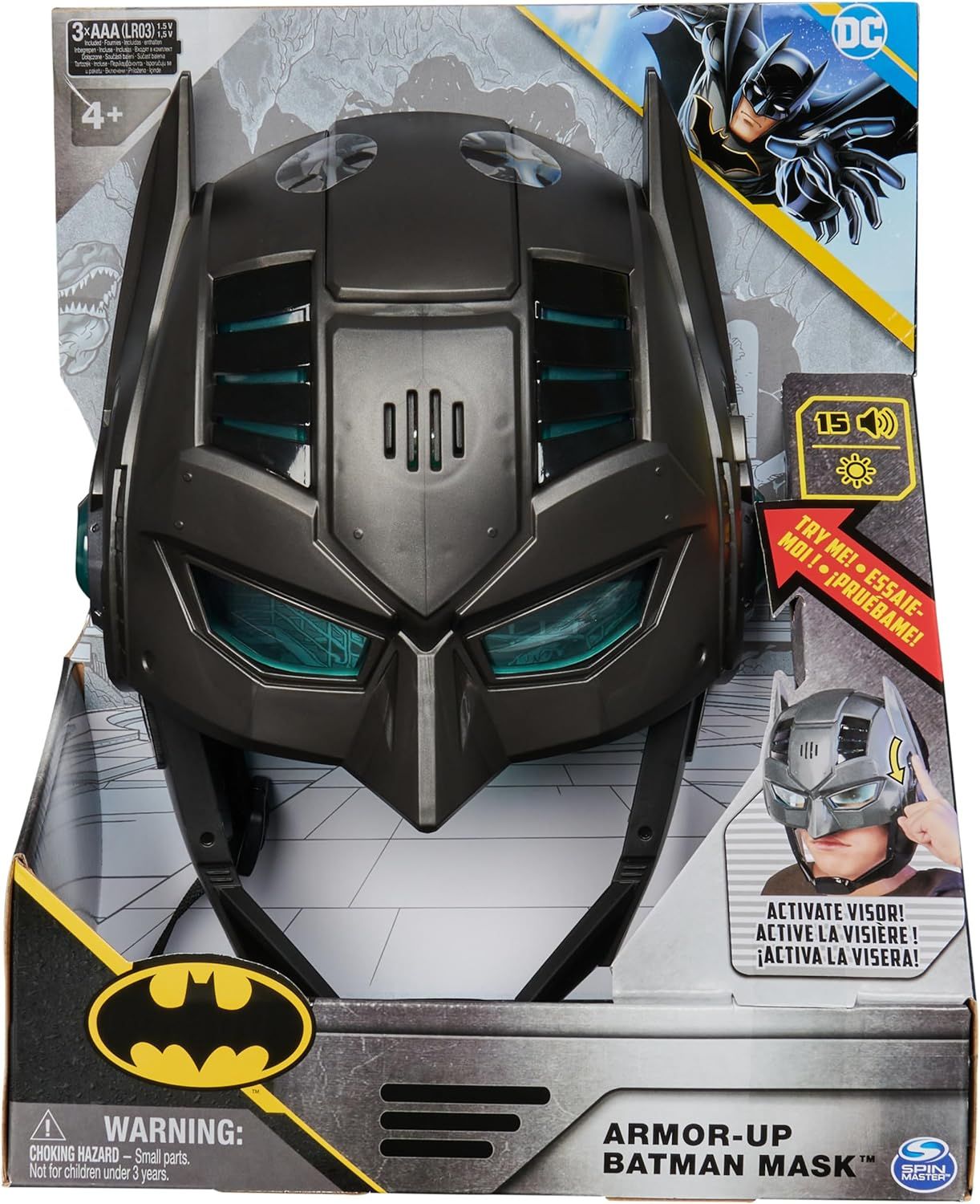 DC Comics, Armor-Up Batman Mask with Visor, 15+ Sounds & Phrases, Lights, Super Hero Costume, Kids Roleplay for Boys and Girls Ages 4 and Up