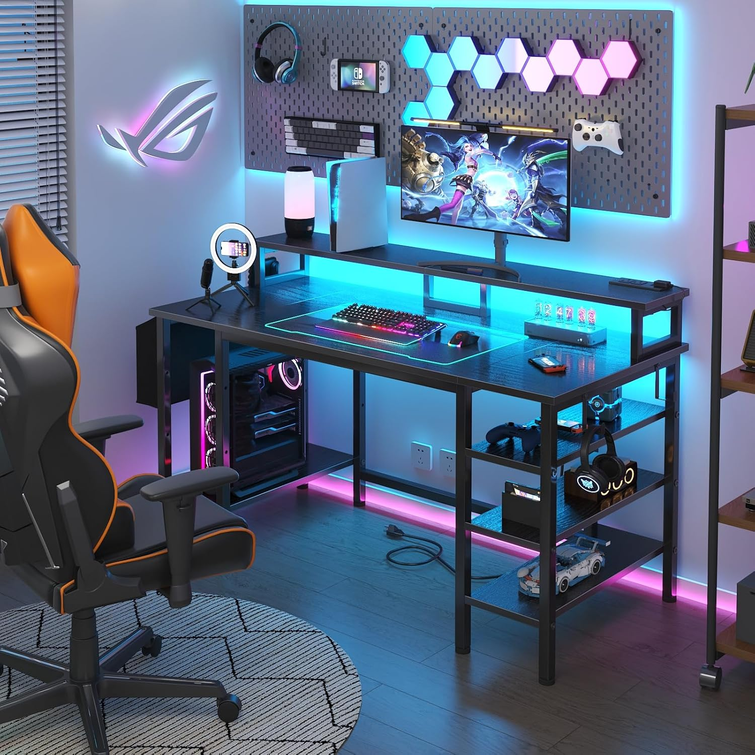 Lufeiya Gaming Desk with LED Lights and Storage Shelves, 47 inch Computer Desk with Power Outlets, Home Office Desk with Monitor Stand, Writing Table PC Desks, Black