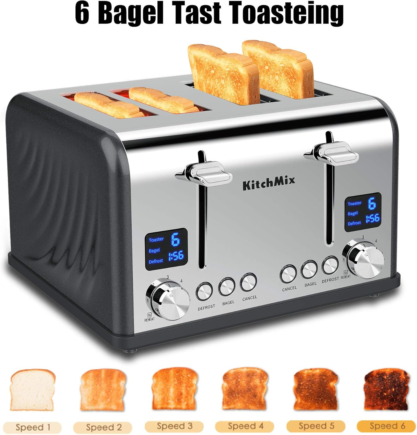 Modern Stainless Steel 4-Slice Toaster with LCD Display and Wide Slots
