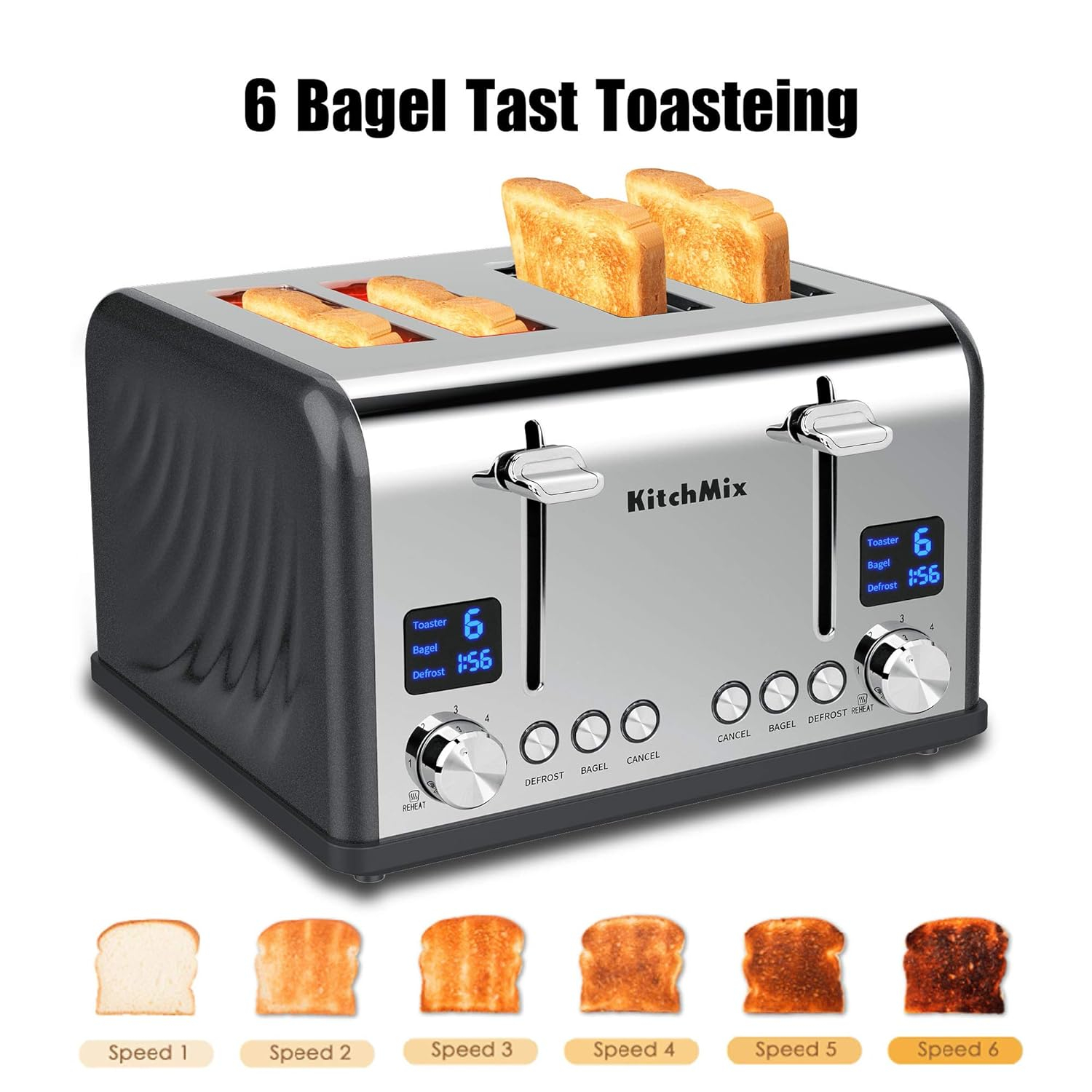 Modern Stainless Steel 4-Slice Toaster with LCD Display and Wide Slots