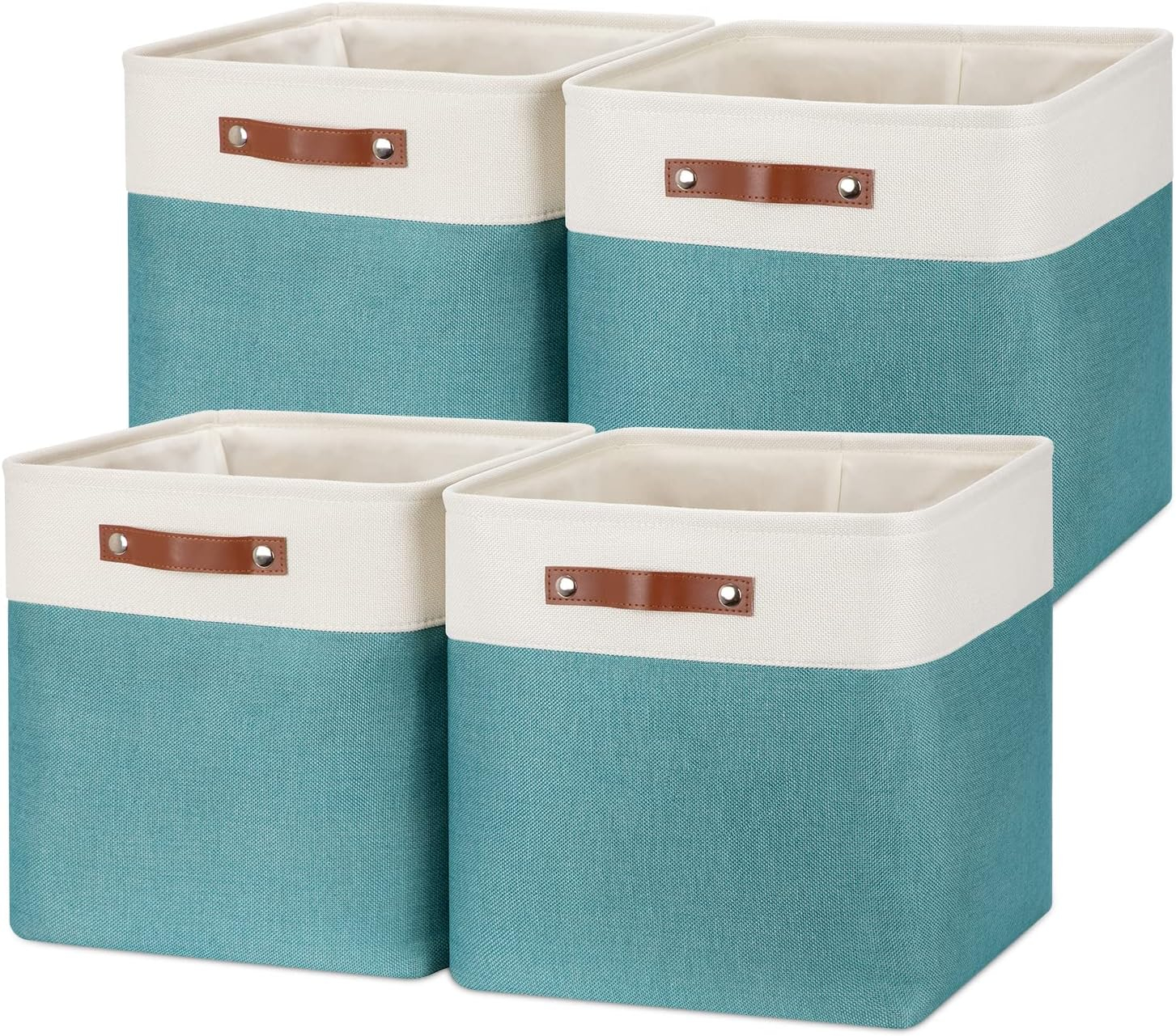 Tegance 13x13 Storage Cubes Baskets 4 Pack Fabric Cube Storage Bins Large Storage Baskets with Leather Handles,Decorative Storage Boxes for Organizing Shelves(WhiteGreen)
