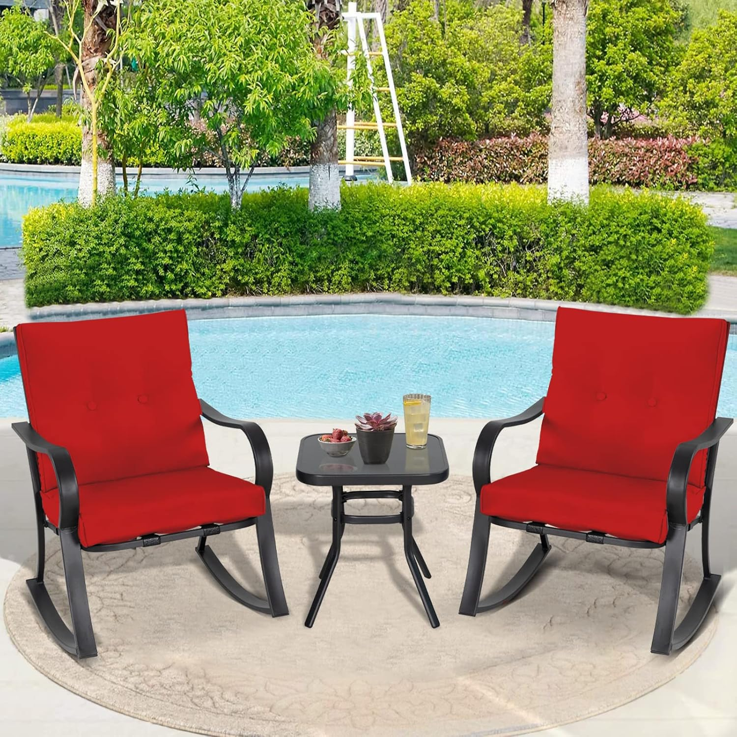 Outdoor 3-Piece Rocking Chairs, Patio Bistro Furniture Set, 2 Black Steel Rocking Chairs with Cushion and Glass Top Coffee Table (Red)