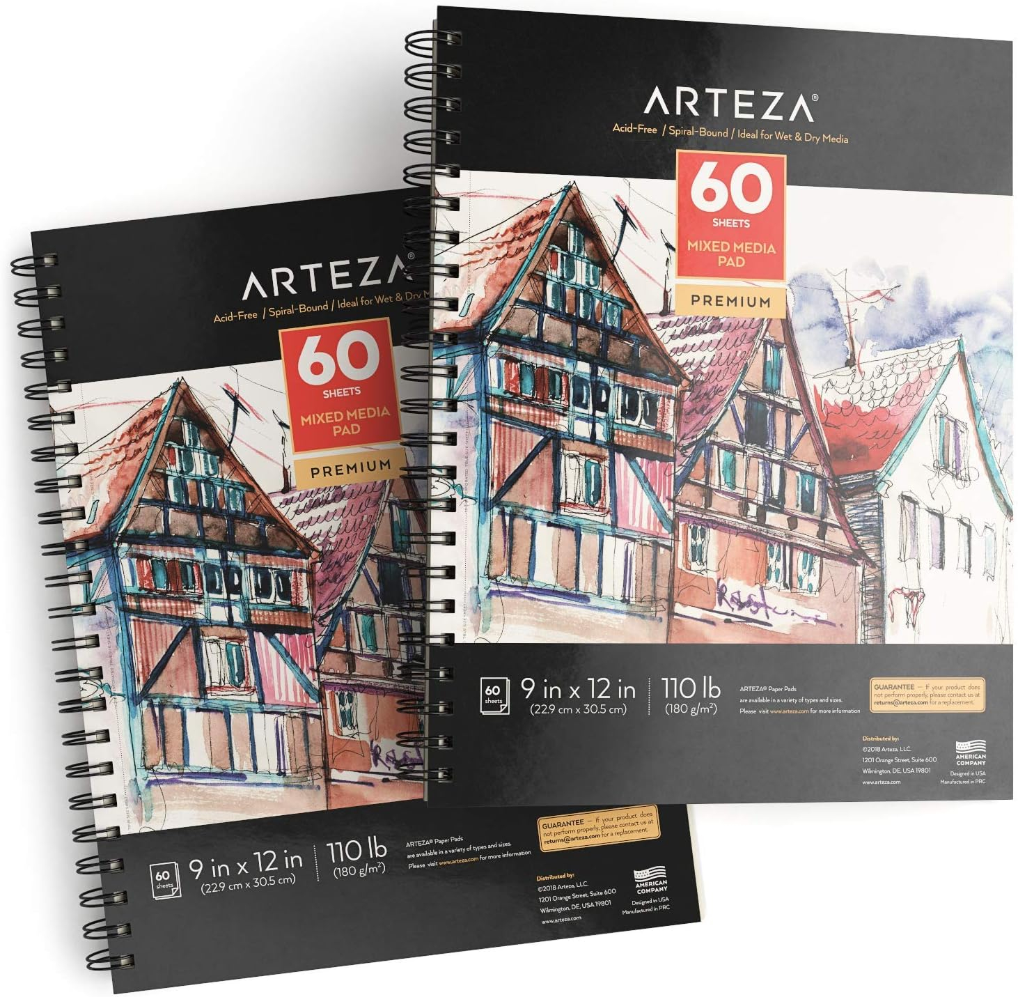 ARTEZA Mixed Media Sketchbook, 9 x 12 Inches, Pack of 2, 60 Sheets Each, Spiral-Bound Drawing Paper Pad for Wet and Dry Media C57