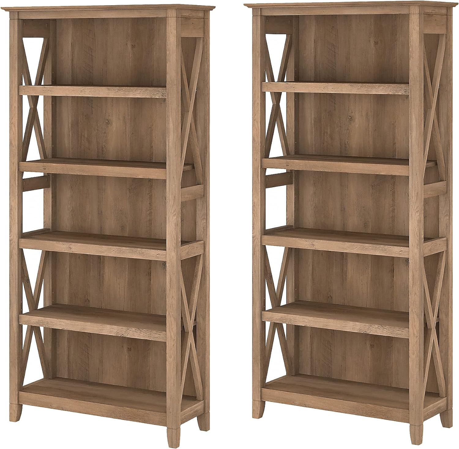 Bush Furniture Key West Tall 5 Shelf Bookcase, Set of 2, Reclaimed Pine