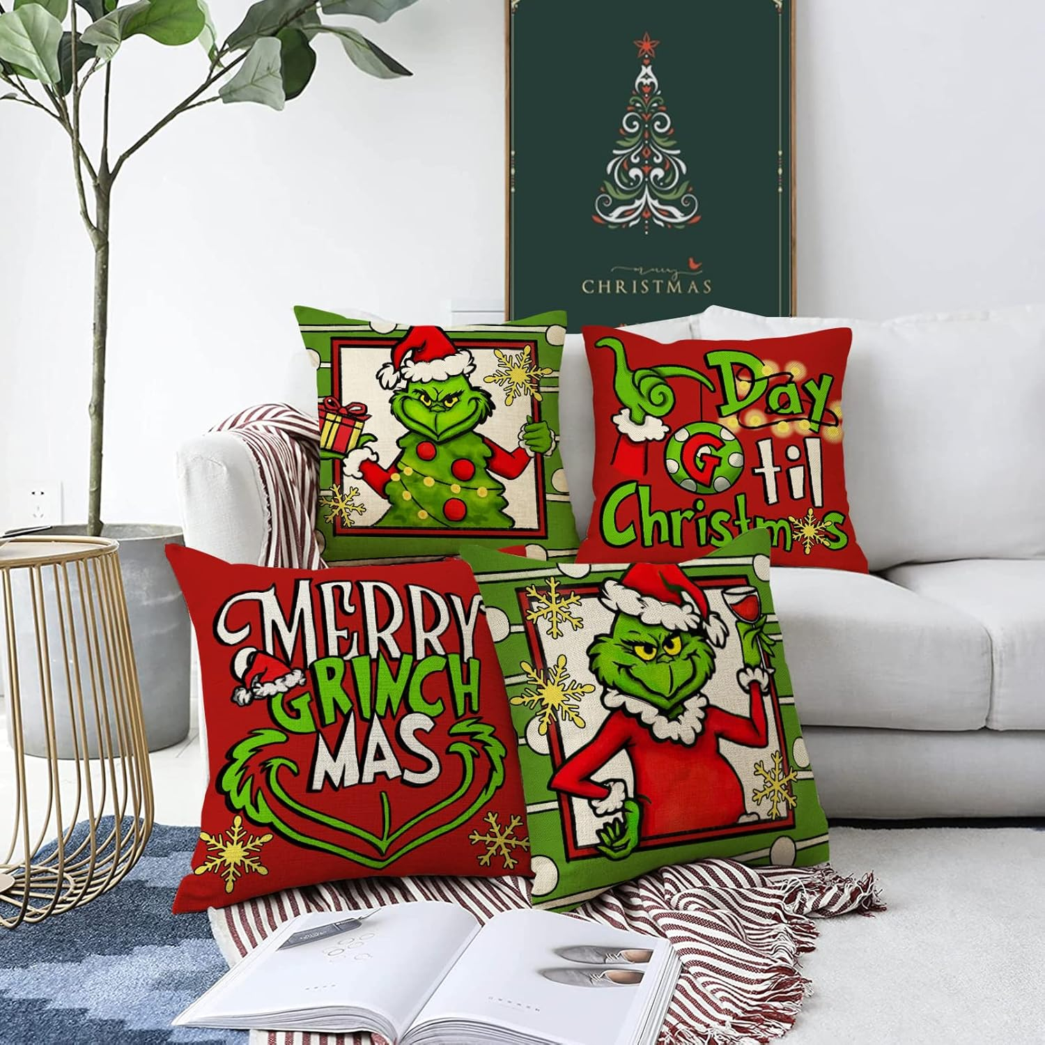 2025 Merry Christmas Decorative Throw Pillow Covers, Xmas Santa Tree Snowflakes Gifts Home Decoration, Winter Holiday Cushion Case for Sofa Couch Decor Cotton Linen 18 x 18