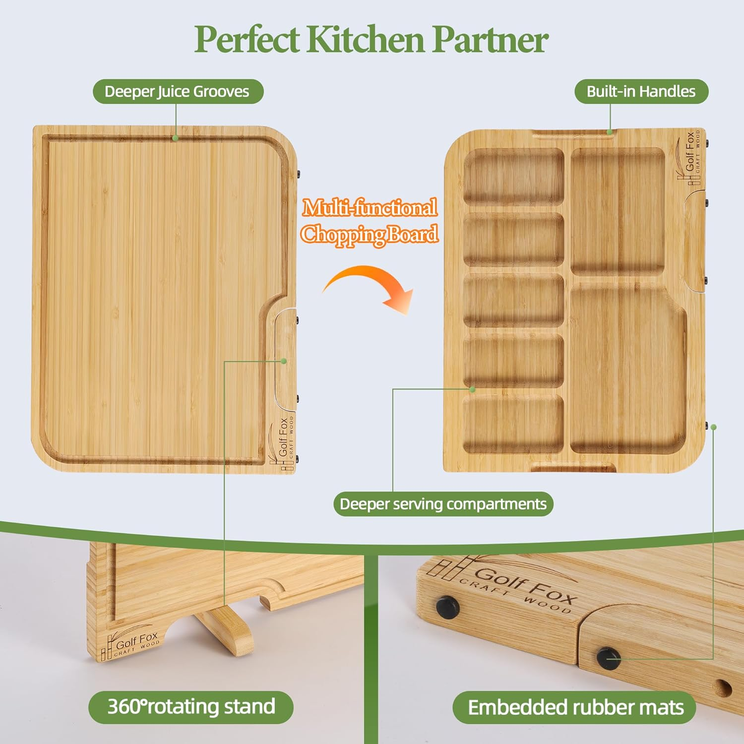 2-PCS Bamboo Cutting Board Set, Wood Cutting Board for Kitchen with Innovative Stand, Juice Groove & Handle, Double Sided for Chopping & Charcuterie Board, Kitchen Gift for Home Cooks, For Meat &Fruit