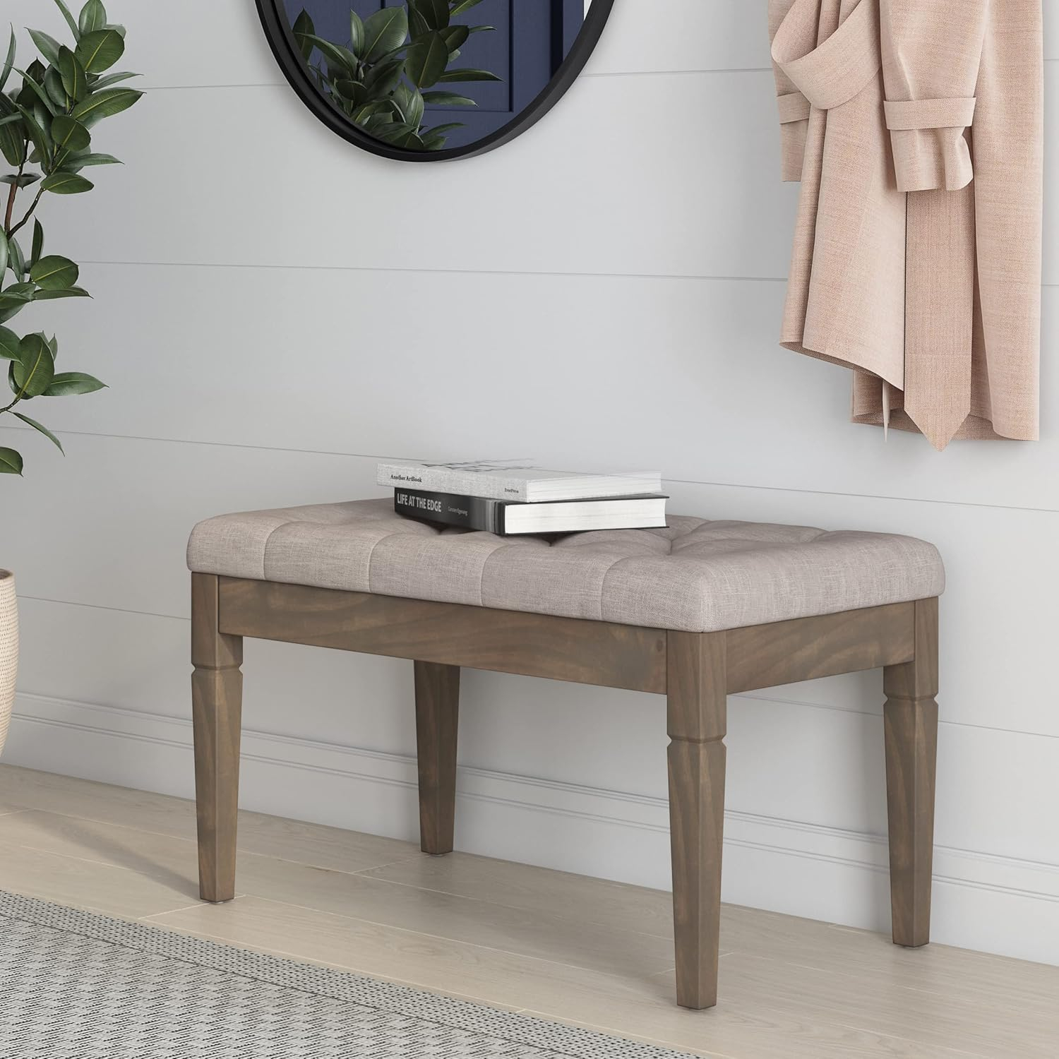 SIMPLIHOME Waverly 28 inch Wide Traditional Rectangle Small Tufted Ottoman Bench in Natural Linen Look Fabric, Assembled, For the Living Room and Bedroom
