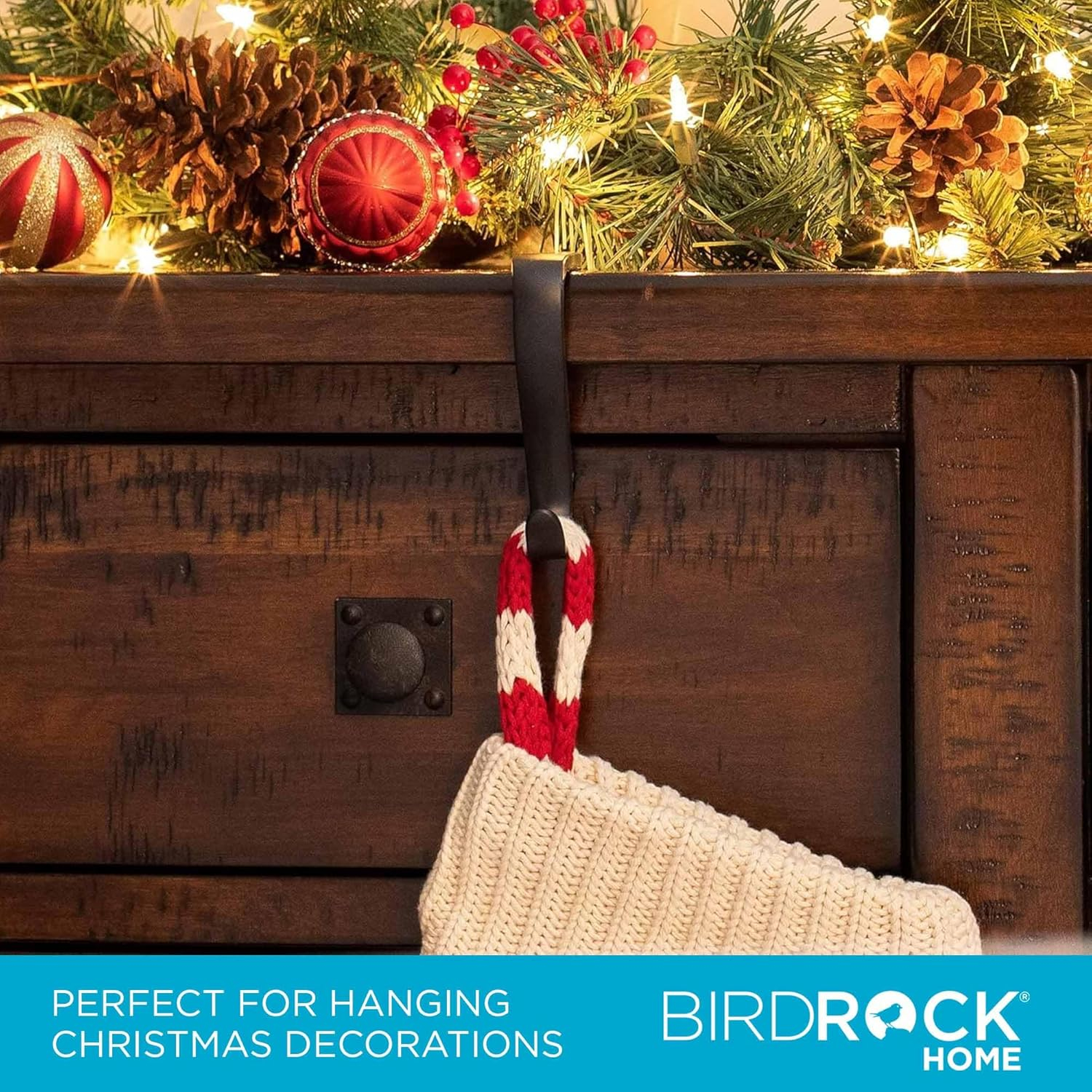 BIRDROCK HOME 4 Pack Christmas Stocking Mantel Hooks - Heavy-Duty Metal Hangers for Fireplace, Brick, and Mantel - Ideal for Holiday Stockings, Garlands, and Decor - Sturdy and Versatile - Black