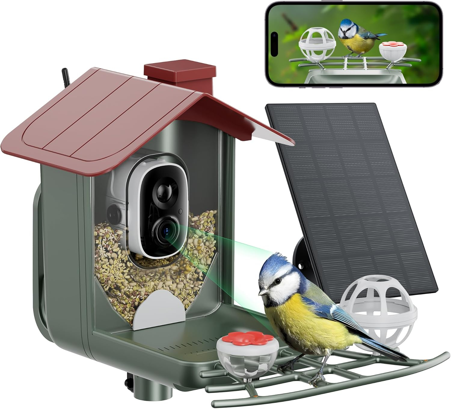 Solar-Powered Green and Red Bird Feeder with 2K HD Camera