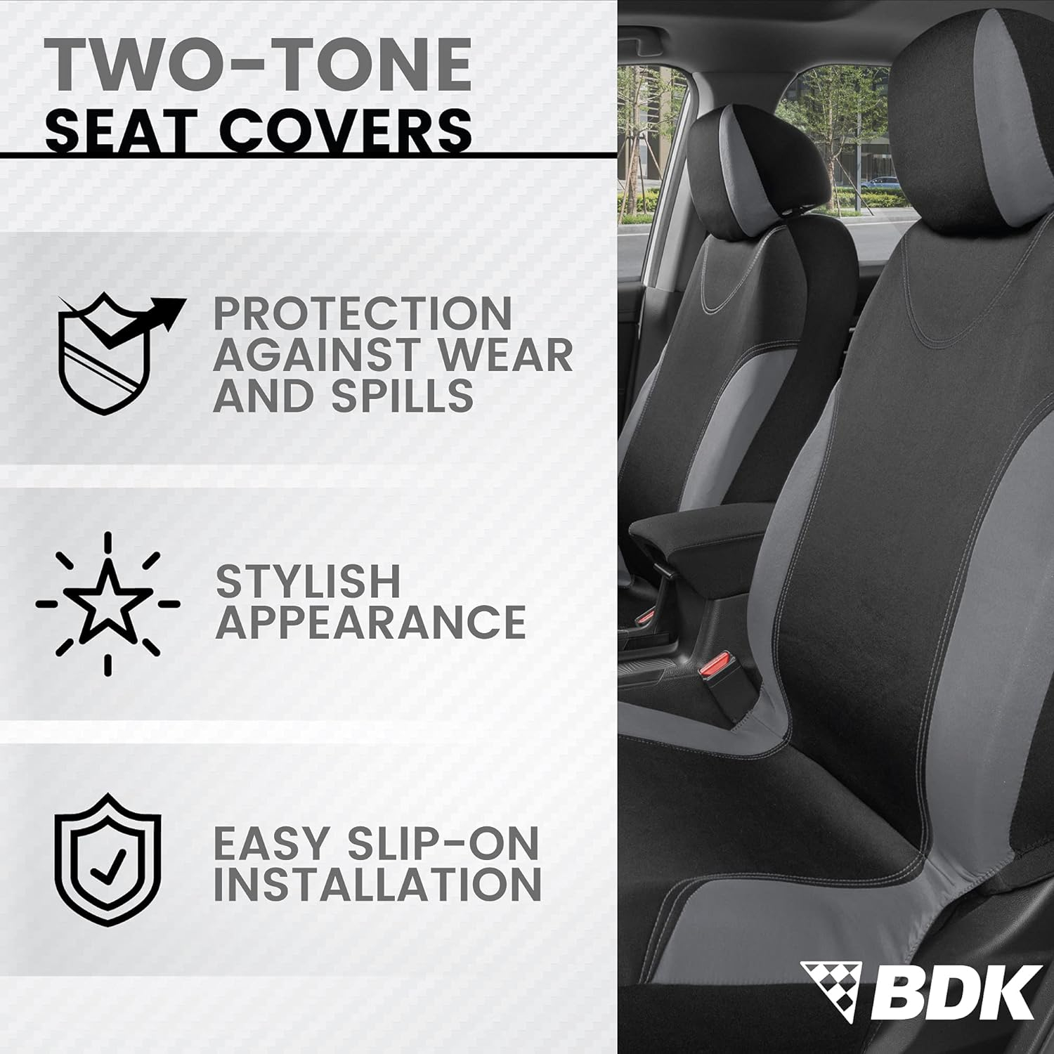 BDK UltraSleek Gray Seat Covers for Cars, Two-Tone Front Seat Covers with Matching Back Car Seat Cover, Made to Fit Most Auto Truck Van SUV, Interior Car Accessories, Car Seat Covers Full Set