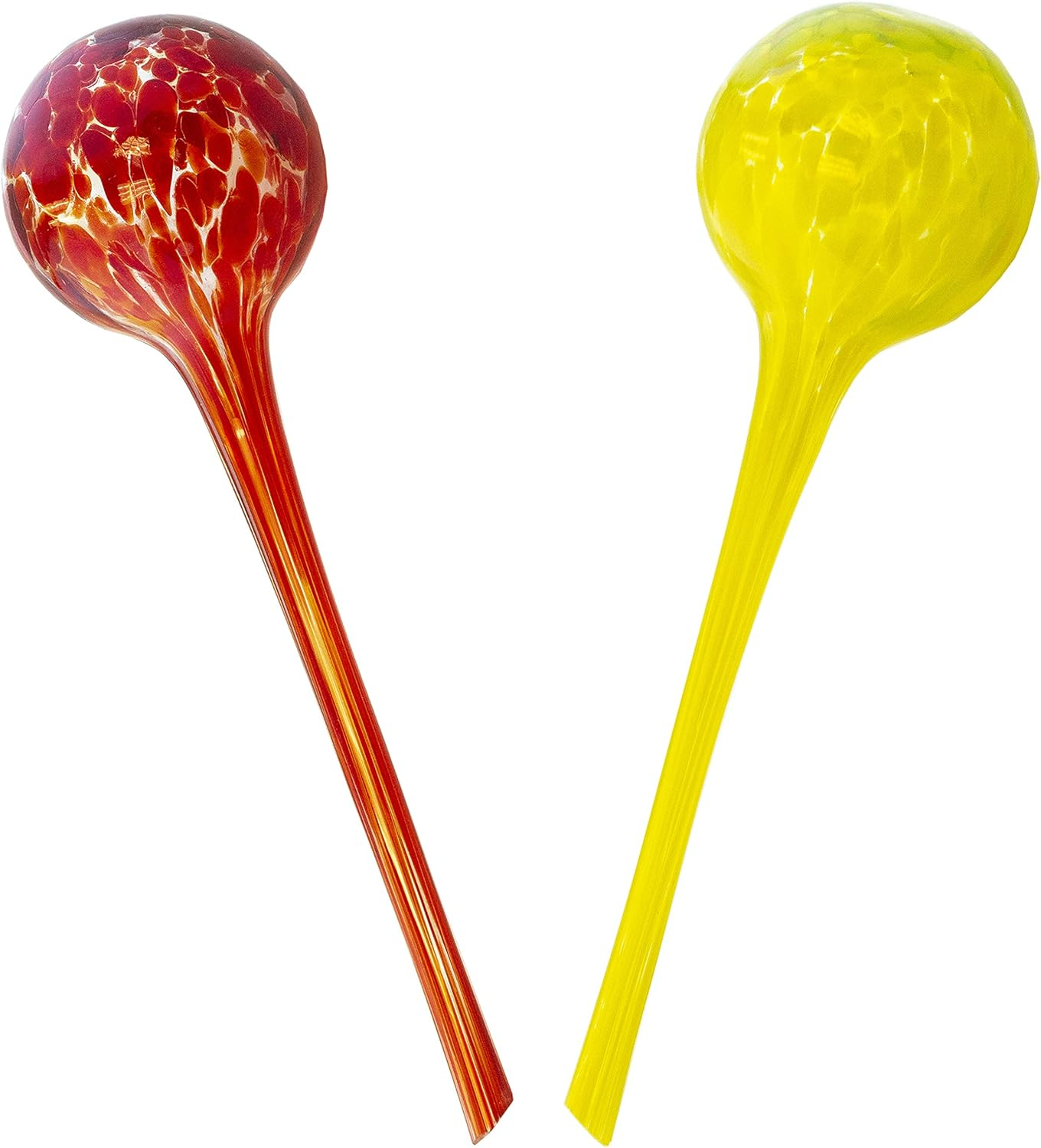 2 Piece Watering Globe Set, Colorful Hand-Blown Glass Plant Watering System, Yellow and Red