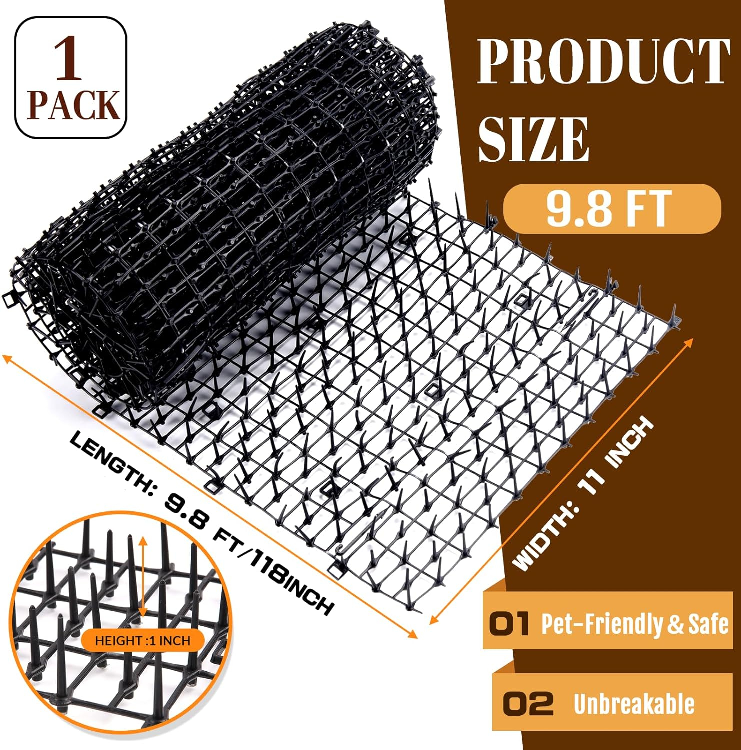 10ft Cat Scat Mat with Spikes Outdoor, Scat Mats for Dogs, Includes 8 Garden Staples