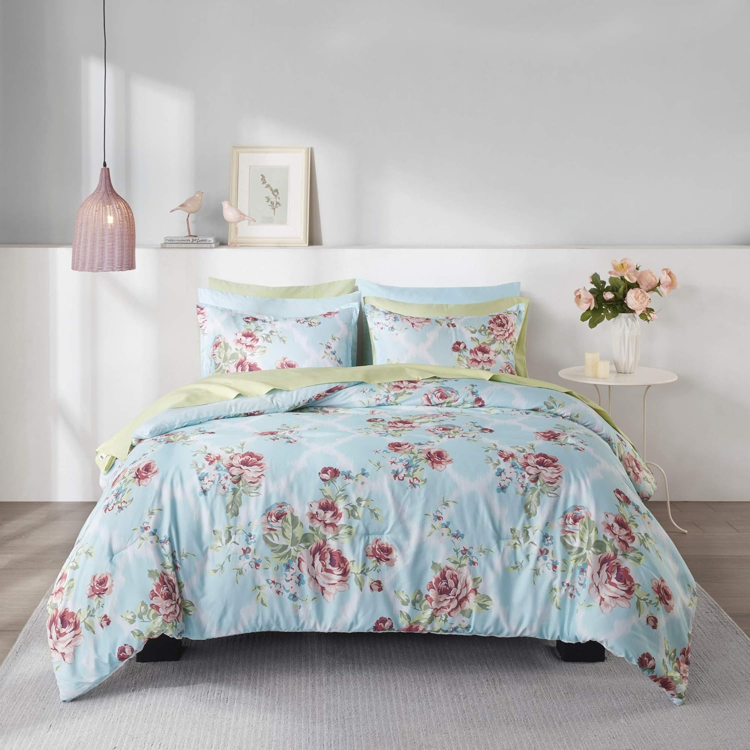 Comfort Spaces 9-Piece Floral Queen Size Bed in a Bag Comforter Bedding Sets with Sheets and Side Pockets , Blue/Red