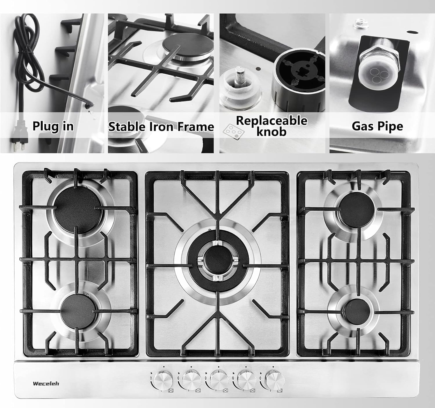 34" Dual Fuel 5 Burner Gas Cooktop with Dual Size Power Burner, Stainless Steel Gas Stove
