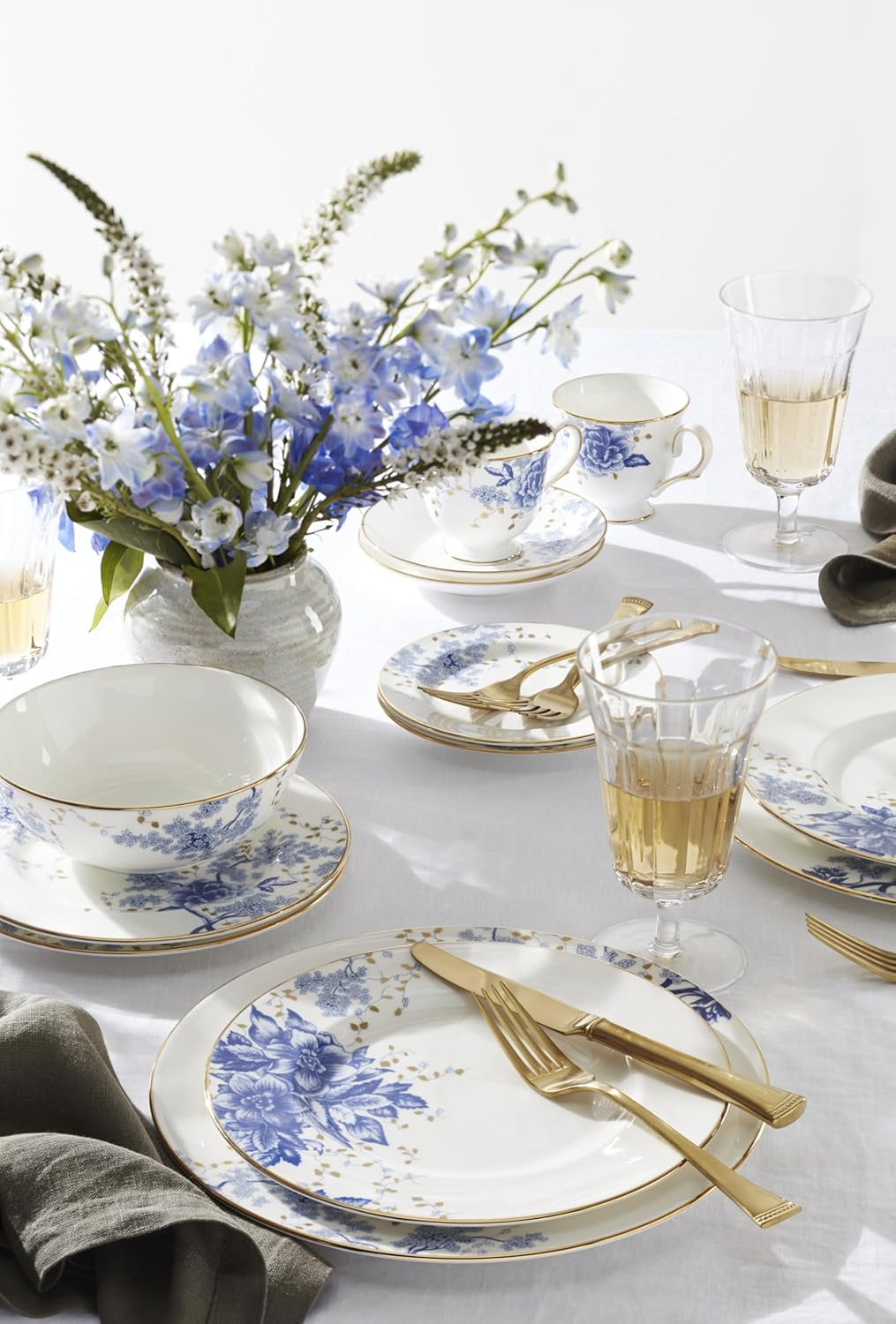 Blue and White Porcelain Salad Plates with Gold Trim, Set of Three
