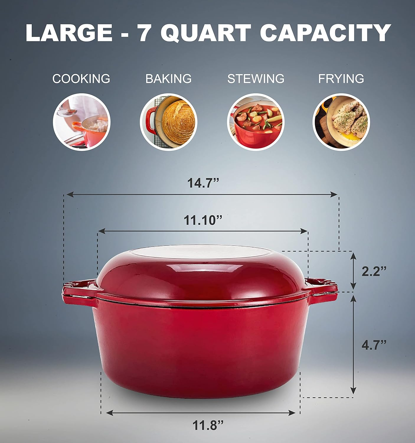 Red Enameled Cast Iron 7-Quart Dutch Oven with Porcelain Lid
