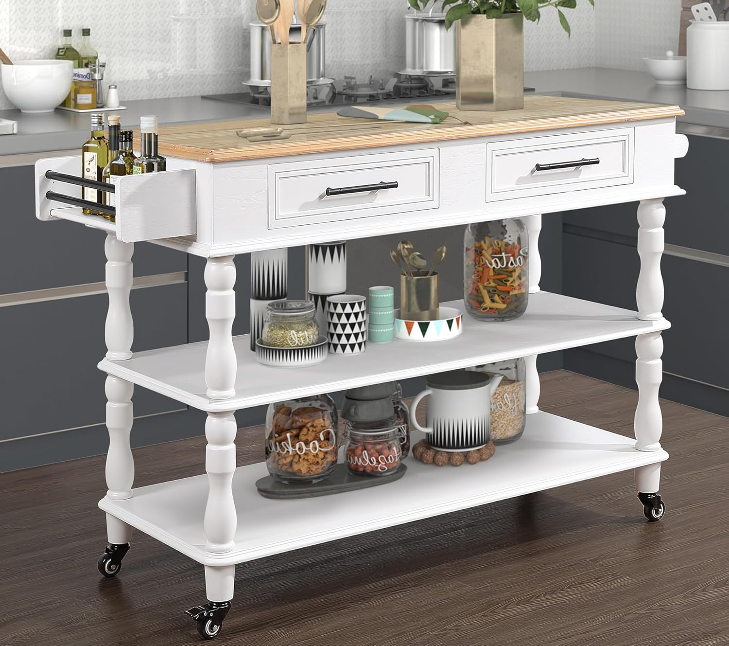 57 Inch Solid Wood Kitchen Island Cart,Solid Oak Wood Top Rolling Kitchen Cart with 2 Drawers,2 Storage Shelves,Wine and Spice Rack,Black