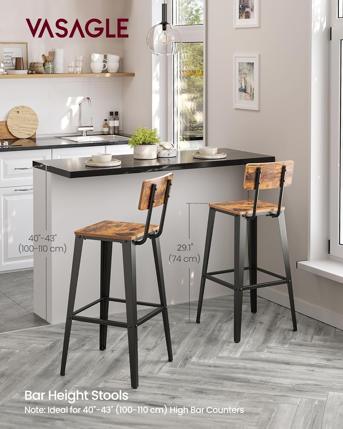 VASAGLE 2 Pack Bar Stools, Bar Height Stools, Tall Bar Stools with Back, Rustic Brown and Black