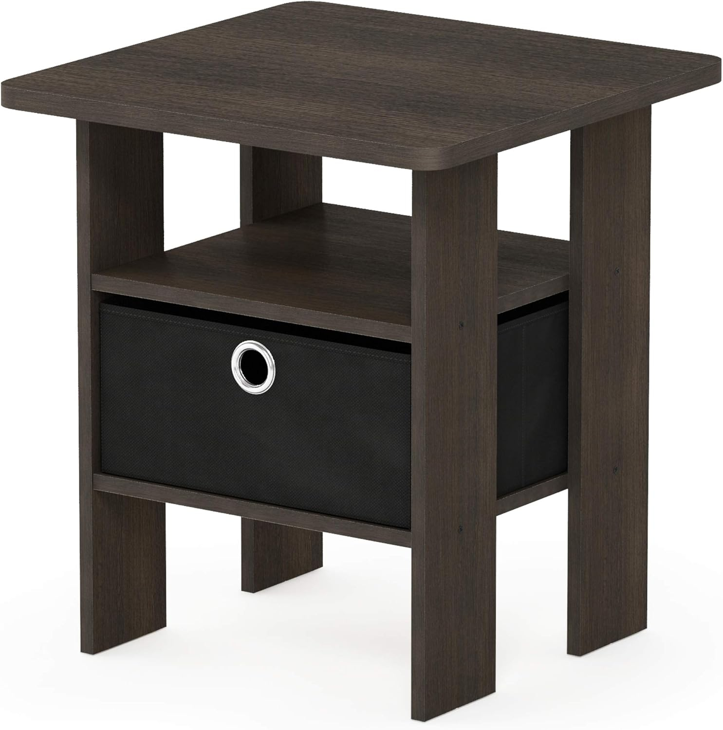 Furinno Andrey Engineered Wood End Table with Bin Drawer in Dark Brown/Black