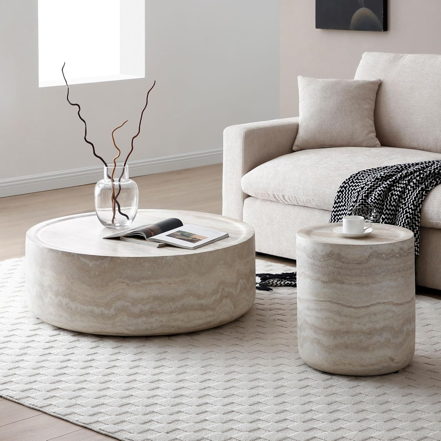 Modern Round Coffee Table Set of 2 for Living Room, Circle Coffee Table Side Table Set, Faux Mars Marble Pattern Center Table End Table Set for Apartment