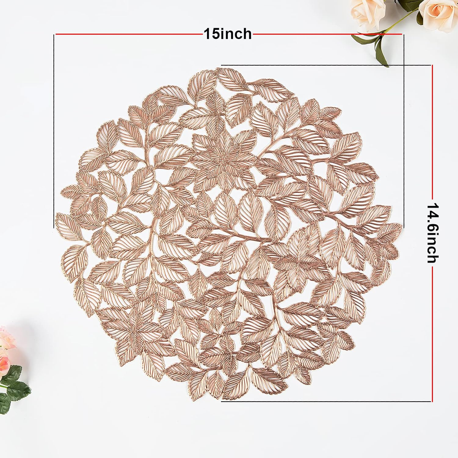 Rose Gold Placemats Set of 6 Metallic Leaf Round Placemats Non-Slip Wipeable Table Mats for Dinner,Party,Home Decoration Wedding Accent Centerpiece