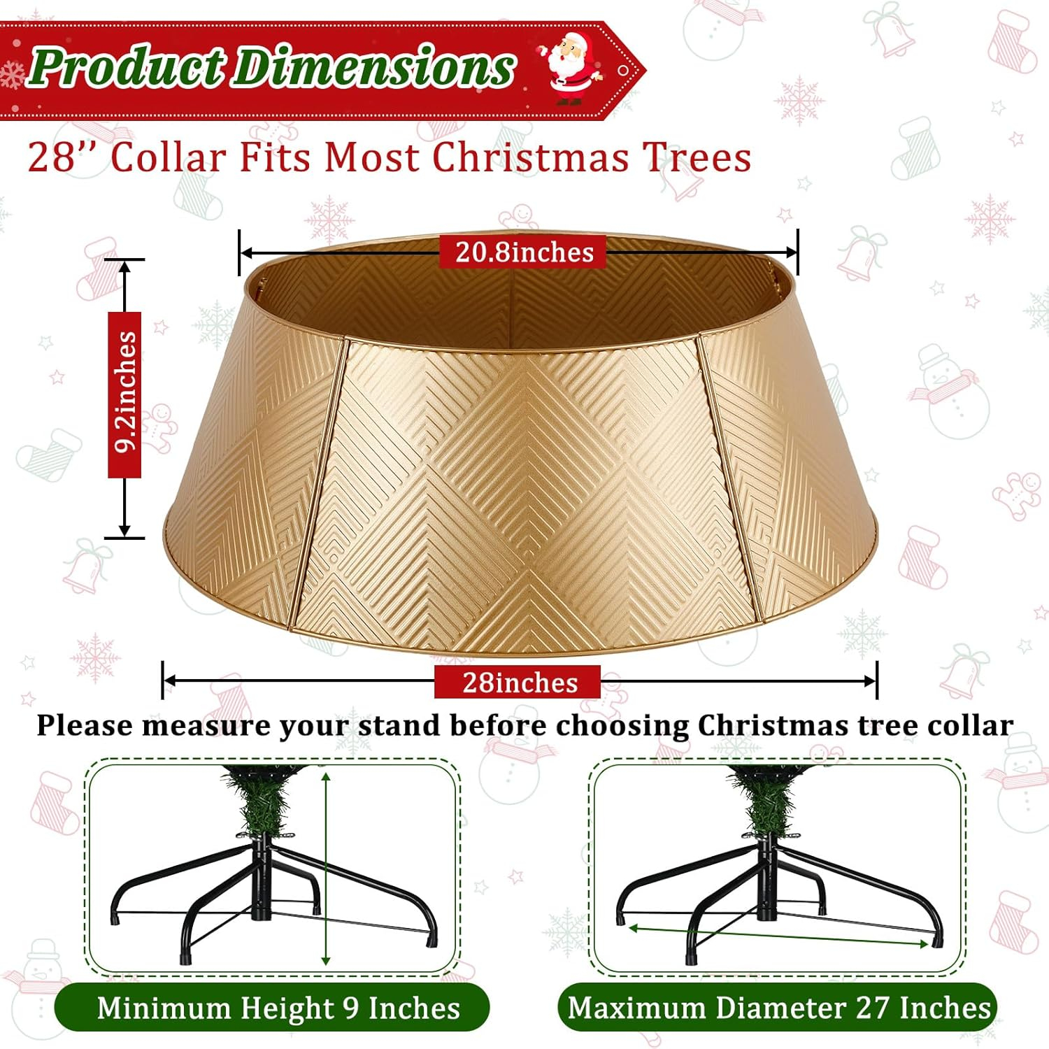 Nordic Hygge 28’’ Christmas Tree Collar, Gold Tree Skirt for Christmas Tree Decor, Christmas Tree Base Cover with Printed Patterns, Metal Tree Collar for Pencil Tree of Living Room