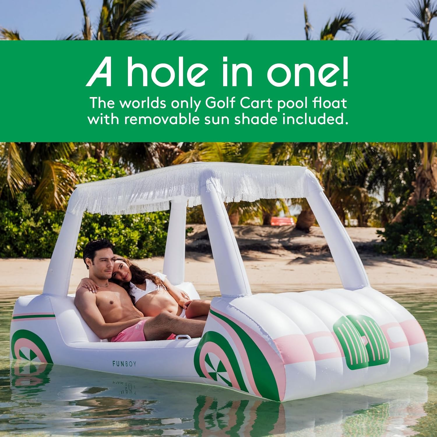 Oversized White and Green Inflatable Golf Cart Pool Lounger
